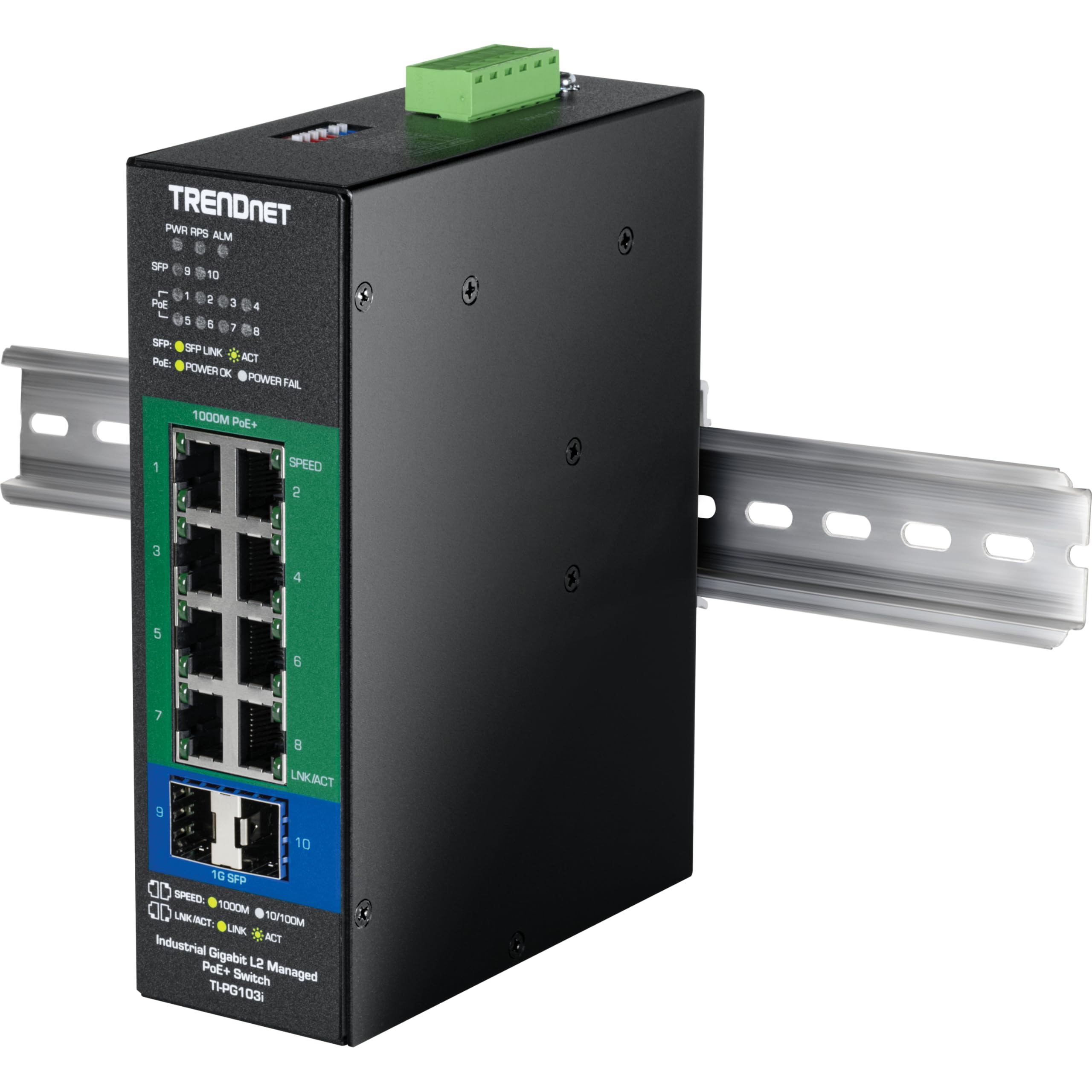 TRENDnet 10-Port Industrial Gigabit L2 Managed PoE+ DIN-Rail Switch, TI-PG103I