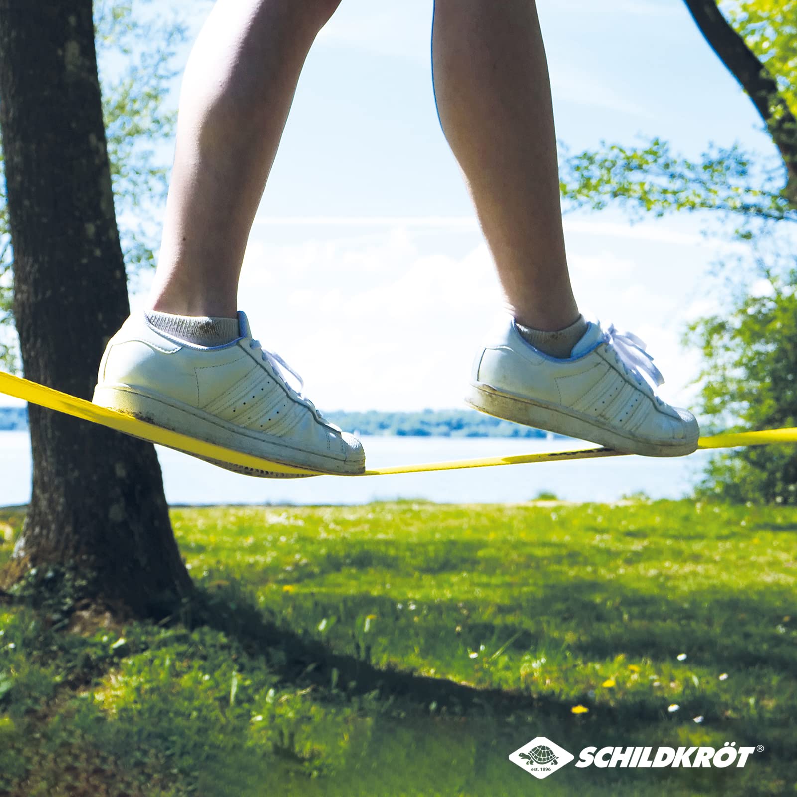 Schildkröt Slackline 15m, avec Ligne d'Enseignement pour Débutants, Ligne Robuste de 5 cm de Large pour Enfants et Adultes