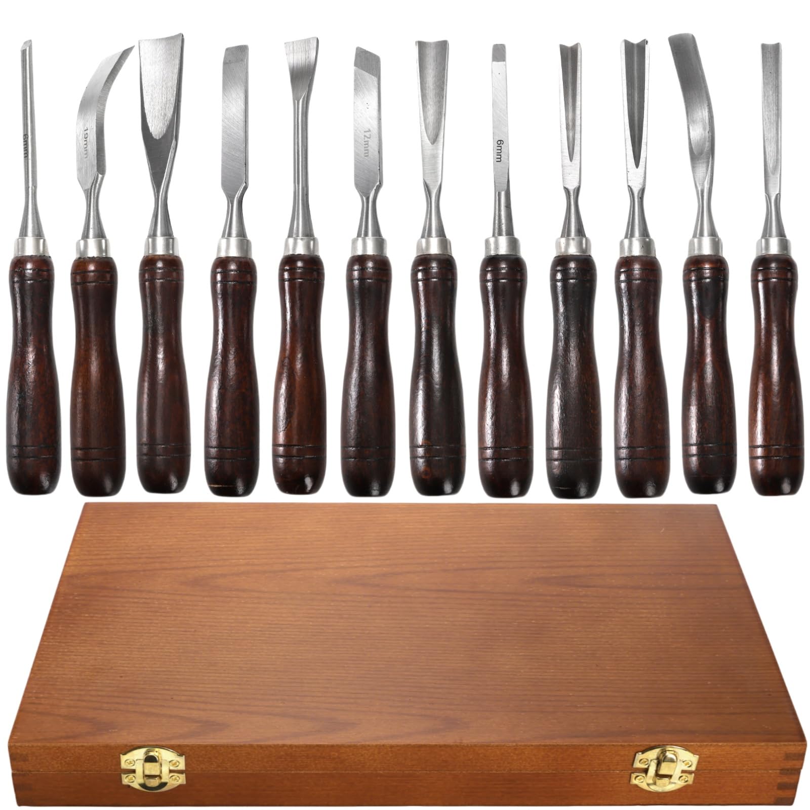 Covzoe Paquete de 12 herramientas de tallado de madera, juego de cinceles finamente elaborados con caja de madera, hoja de borde de acero CR-V con mango de madera premium, herramientas profesionales