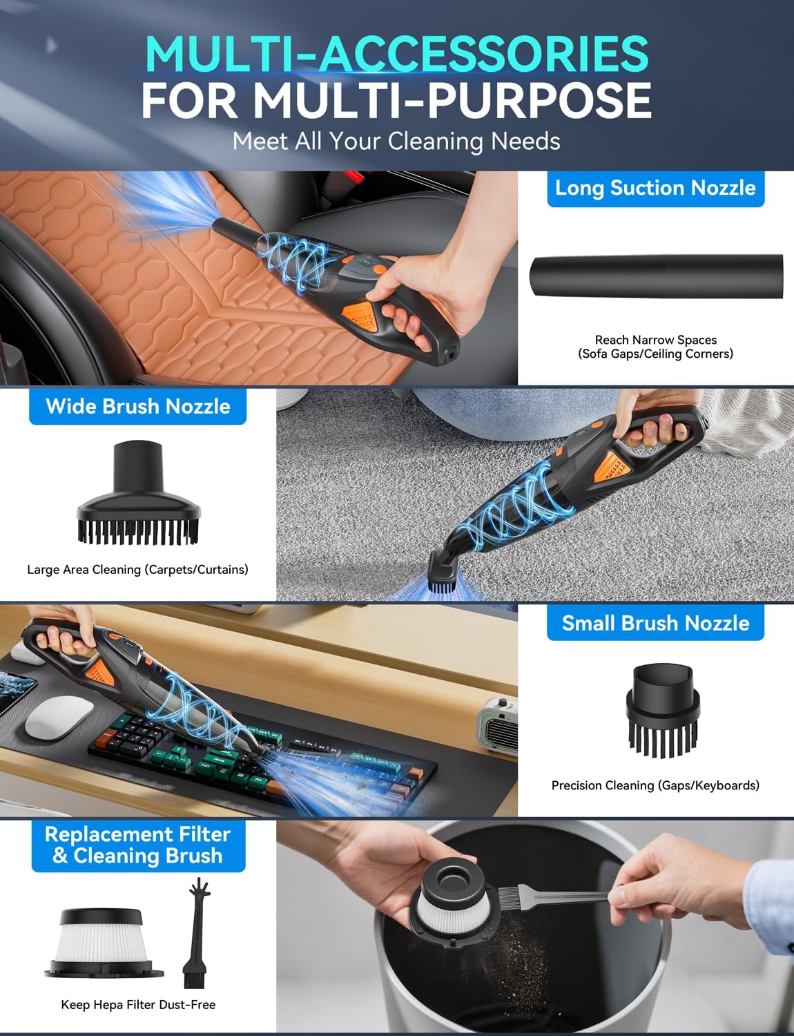 GHUSTAR Handheld Vacuum Cordless - 25000PA Strong Suction Hand Held Car Vacuum Cleaner Portable with Multi-Nozzles - Lightweight Dust Busters Rechargeable for Home Car Office Pets 2 Levels - Image 3