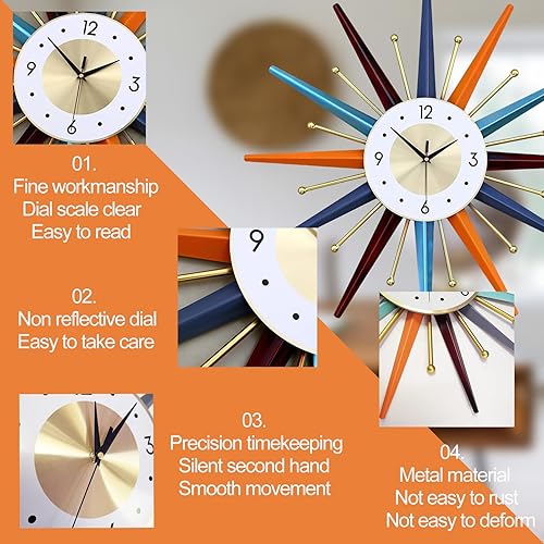 Miniatura 8 de Reloj de pared grande de mediados de siglo de 22 pulgadas, silencioso y colorido arte moderno 3D Starburst reloj para sala de estar, dormitorio,