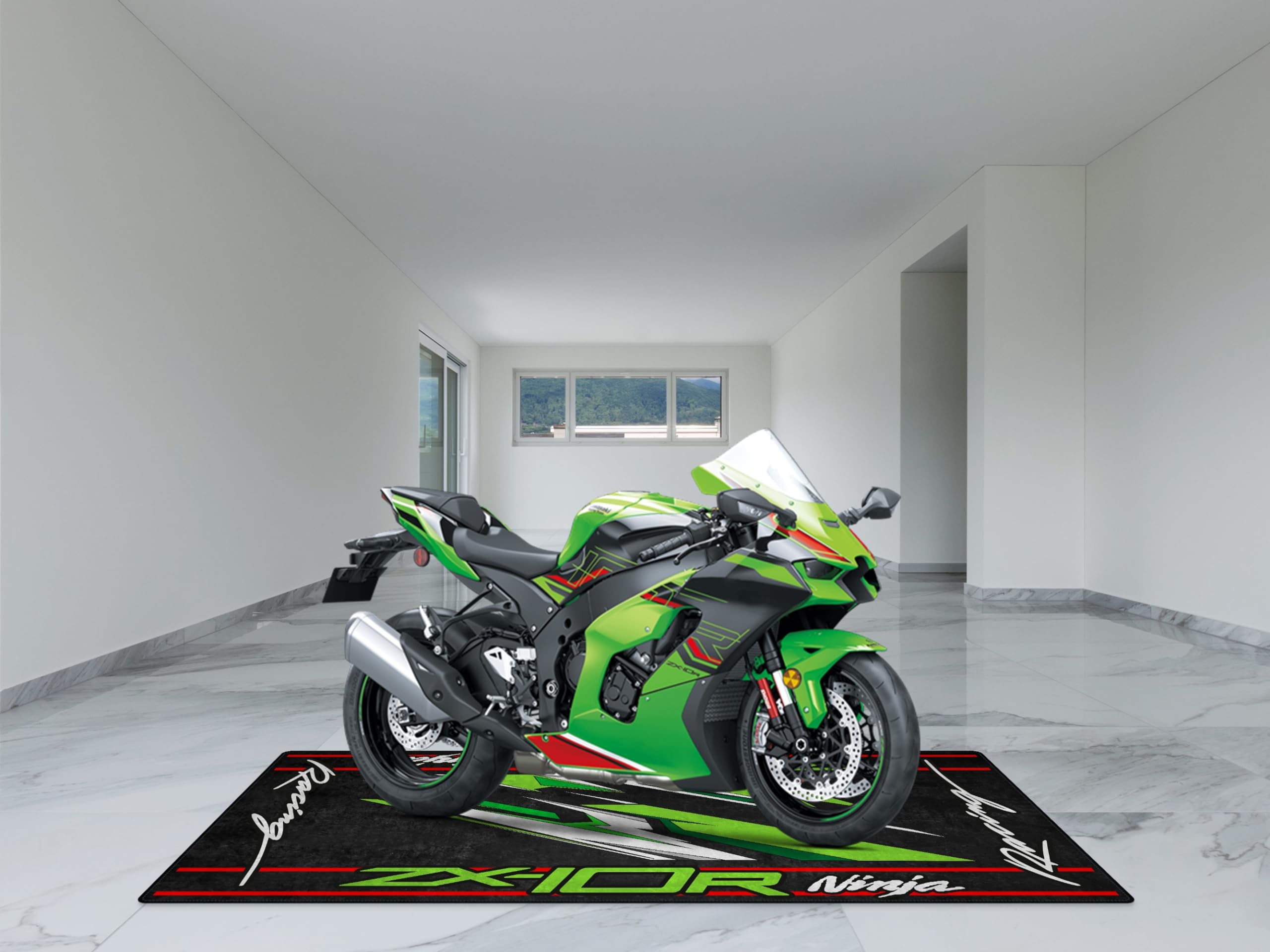 MPM Motorradmatte für ZX-10R, waschbar, rutschfest, öl- und wasserabweisend, Parkmatte für Garage, Ausstellungsraum, Werkstatt | Grün - Größe 1: 86.6 x 39.4/220 x 100 cm