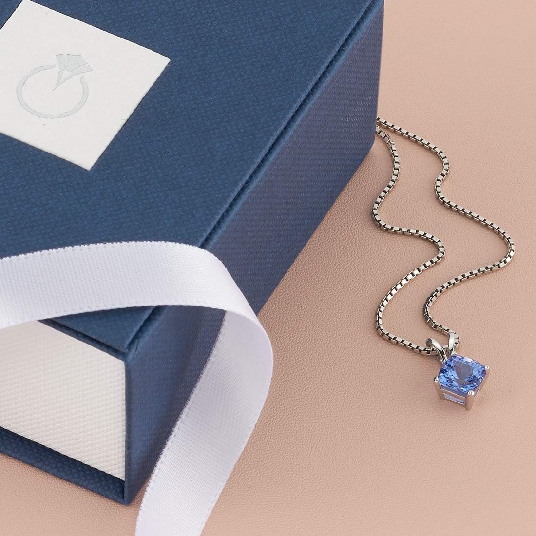 PEORA 14K White Gold Tanzanite Pendant for Women, Genuine Gemstone Classic Solitaire, 1 Carat Cushion Cut, 6mm, AAA Grade, Real Tanzanite Gold Necklace, Gift Idea Set, w/Jewelry Box