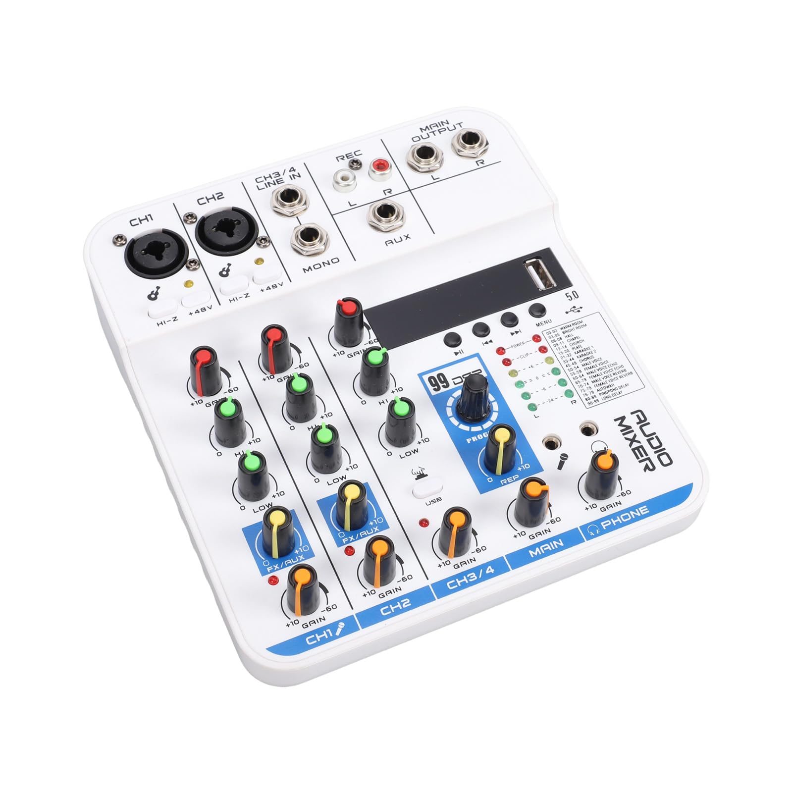 Mixer Audio a 4 Bluetooth DSP Digital Reverb Scheda Audio Mixer DJ con Ingresso USB MP3 XLR 6,35 Mm 3,5 Mm, Alimentazione Phantom 48 V per Streaming Live, Registrazione Karaoke e PC (WHITE)