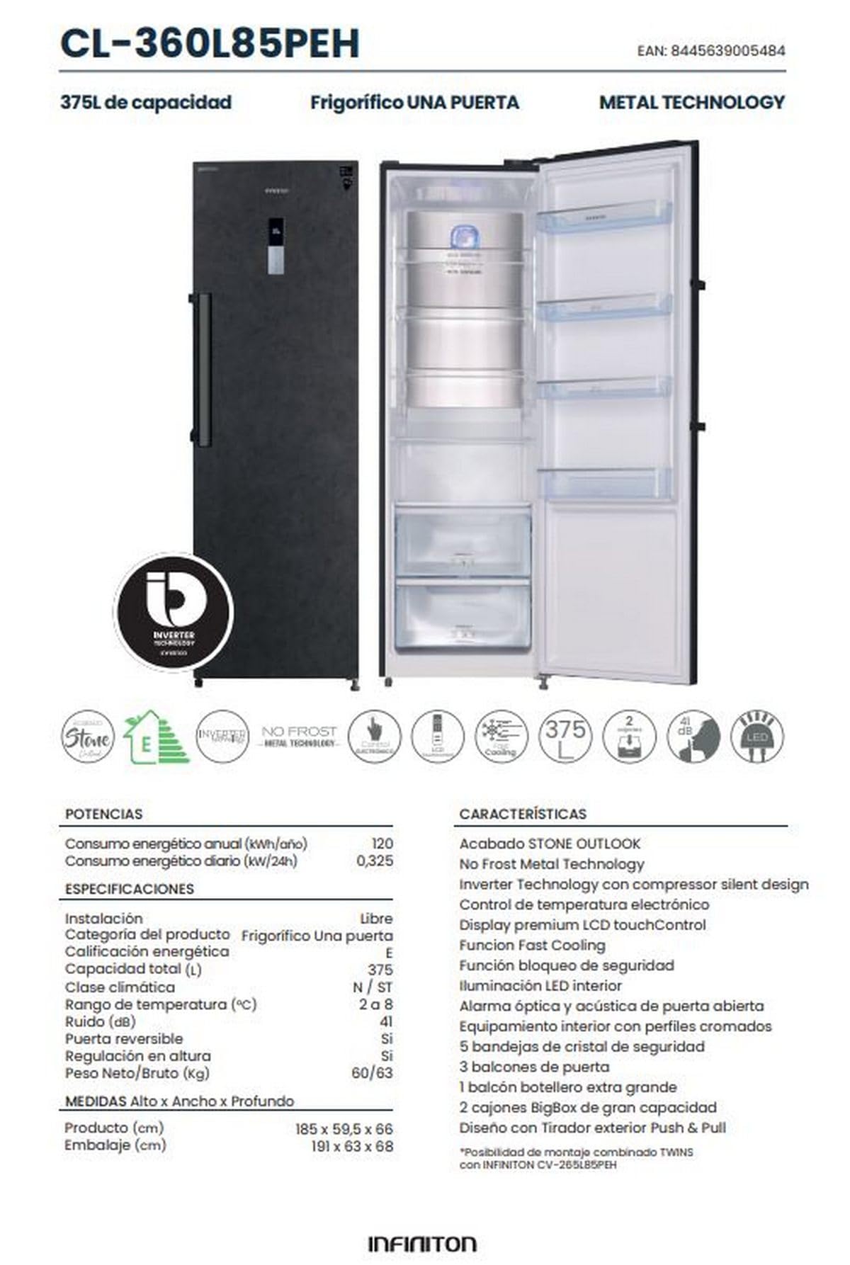 INFINITON Frigorifico Una Puerta CL-360L85PEH, 375 Litros, 185 cm de Altura, Acabado STONE OUTLOOK, No Frost, Inverter, Display LCD, Tirador exterior Push & Pull