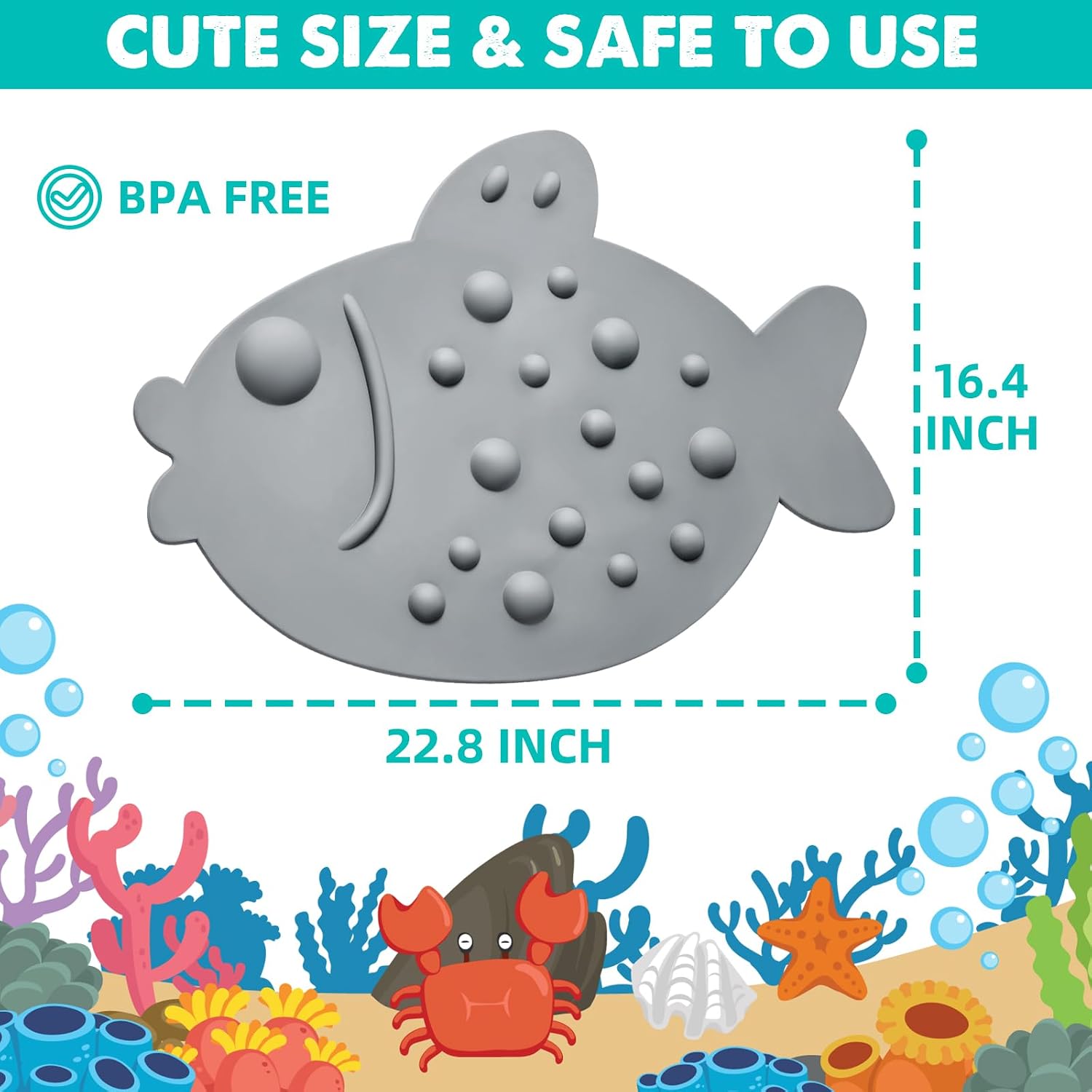 ZHICHENG Non-Slip Bathtub Mat for Kids - Soft Baby Cute Fish Shape Shower mat with Strong Suction Cups for Bathroom (Grey)