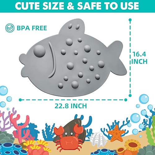 Miniatura 7 de ZHICHENG Tapete antideslizante para bañera para niños, tapete de ducha suave con forma de pez con ventosas fuertes para el baño (gris)