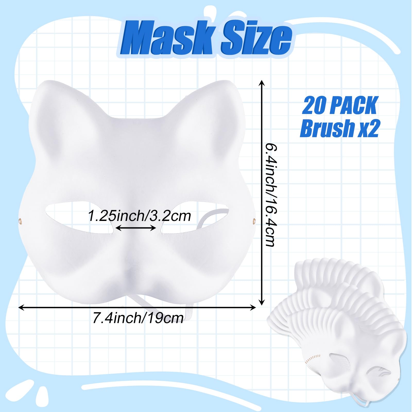 LOPYXBR 20PCS Cat Mask Kit DIY White Blank Therian Mask with Brush Cat Paper Masks to Decorate, Hand-Paintable Plain Masks for Masquerade Cosplay Halloween - Image 2