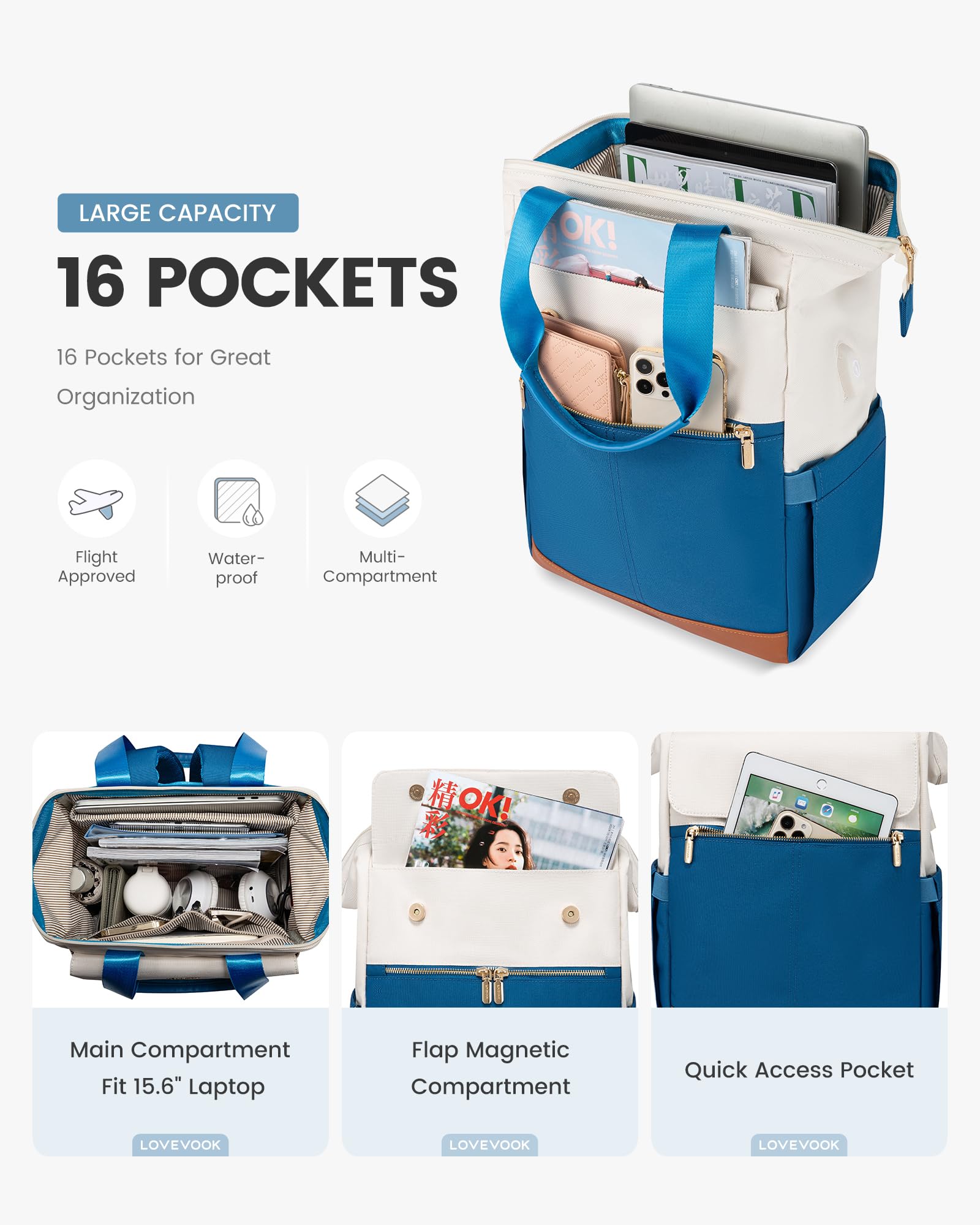 LOVEVOOK Zaino Blu, Zaino Scuola Ragazze con Scomparto per Laptop 15,6 Pollici, Zaino da Viaggio Impermeabile, Borsa da Lavoro per Insegnanti e Viaggi per Scuola Università Ufficio, Beige-Blu