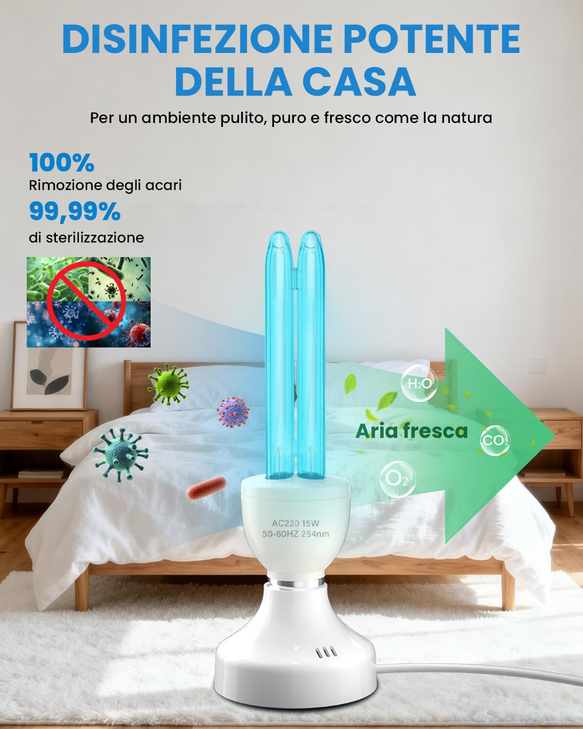 15W Lampada UV Ozono E27 con telecomando e 15/30/60 timer, Lampada Germicida Raggi UVC 254nm con Tubo al Quarzo Brine Ozono Contro Batteri Virus e Acari per Case, Uffici, Ristoranti e Scuola