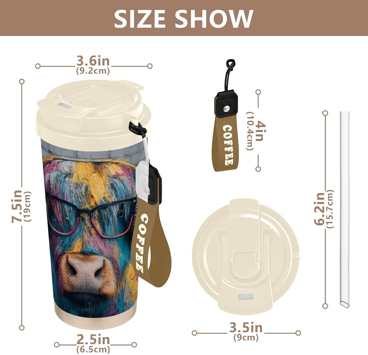 Highland Cow Graffiti Insulated Coffee Mug with Straw & Flip Lid, 16.9oz Iced Tumbler Cup, Double Wall Vacuum Mug for Travel Office