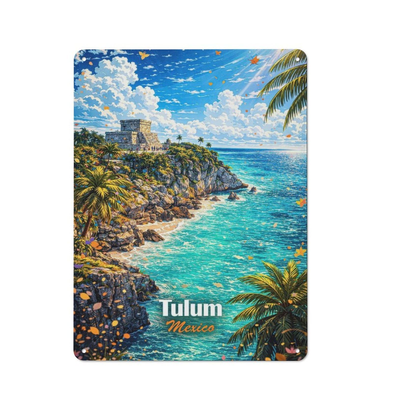 Loft Style Tulum Mexico Coastal Ruins Decorative Metal Plaque 40x30cm, Studio Wall Art for Workspace, Cafe, Hallway Or Garage