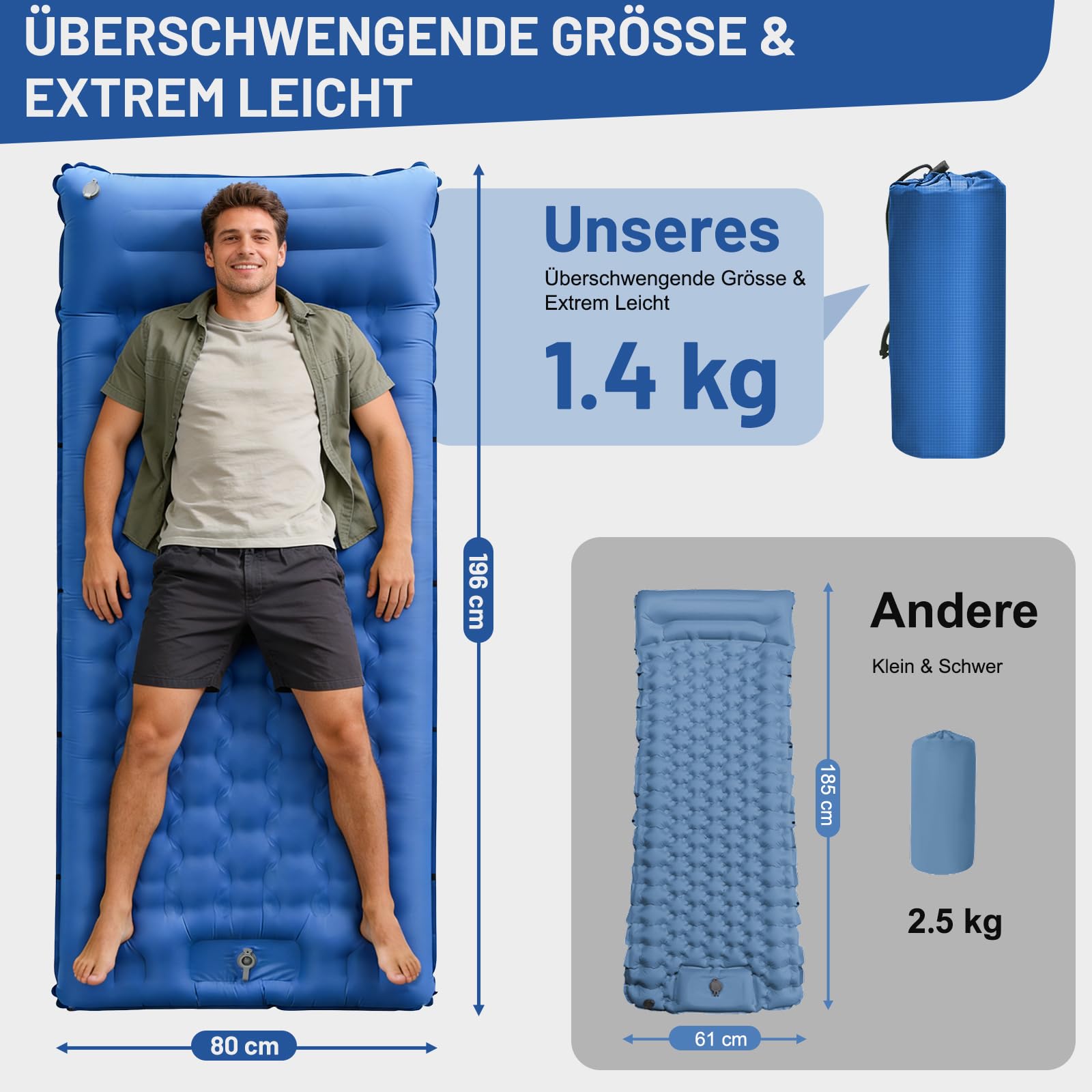 NAPASA Isomatte Camping, 16CM Verdicktes Aufblasbare Matratze mit Eingebauter Fußpresse Pumpe & Kissen, Wasserdicht, Anti-Ripstop Schlafmatte für Wandern, Strand, Reisen, Zelt(Blau)