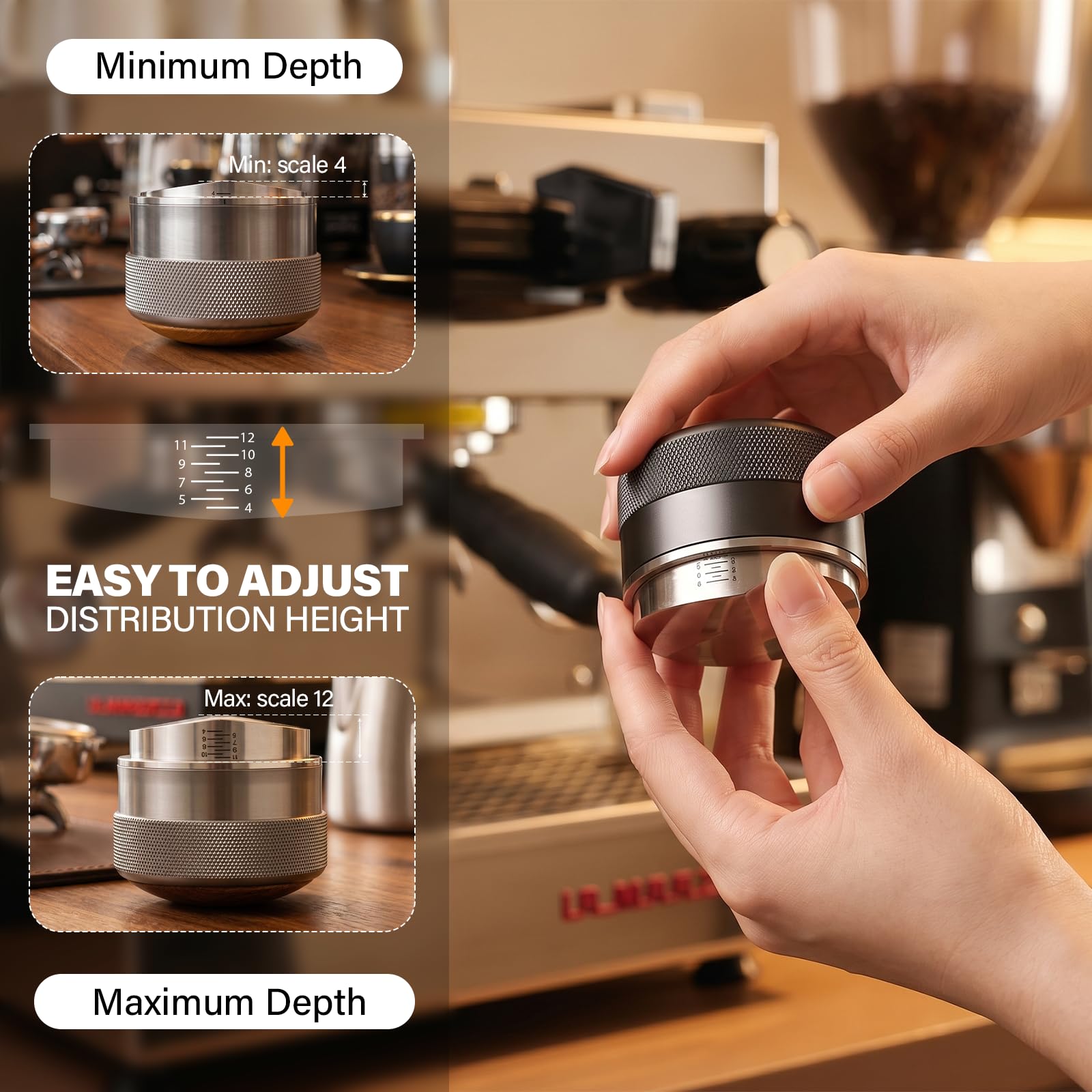 CrossCreek Dystrybutor espresso 58 mm, regulowana głębokość pasuje do wszystkich portafiltrów do espresso 58 mm, Breville/Rancilio/La Marzocco, narzędzia do dystrybucji ze stali nierdzewnej i orzecha