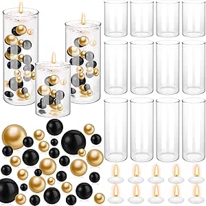 12 Set Glass Cylinder Vase Wedding Centerpieces Bulk with 260 Multiple Size Gold Black Simulated Pearl Beads, 20000 Clear Gel Beads and 24 White Floating Candles Vase Filler Wedding Table Home Decor