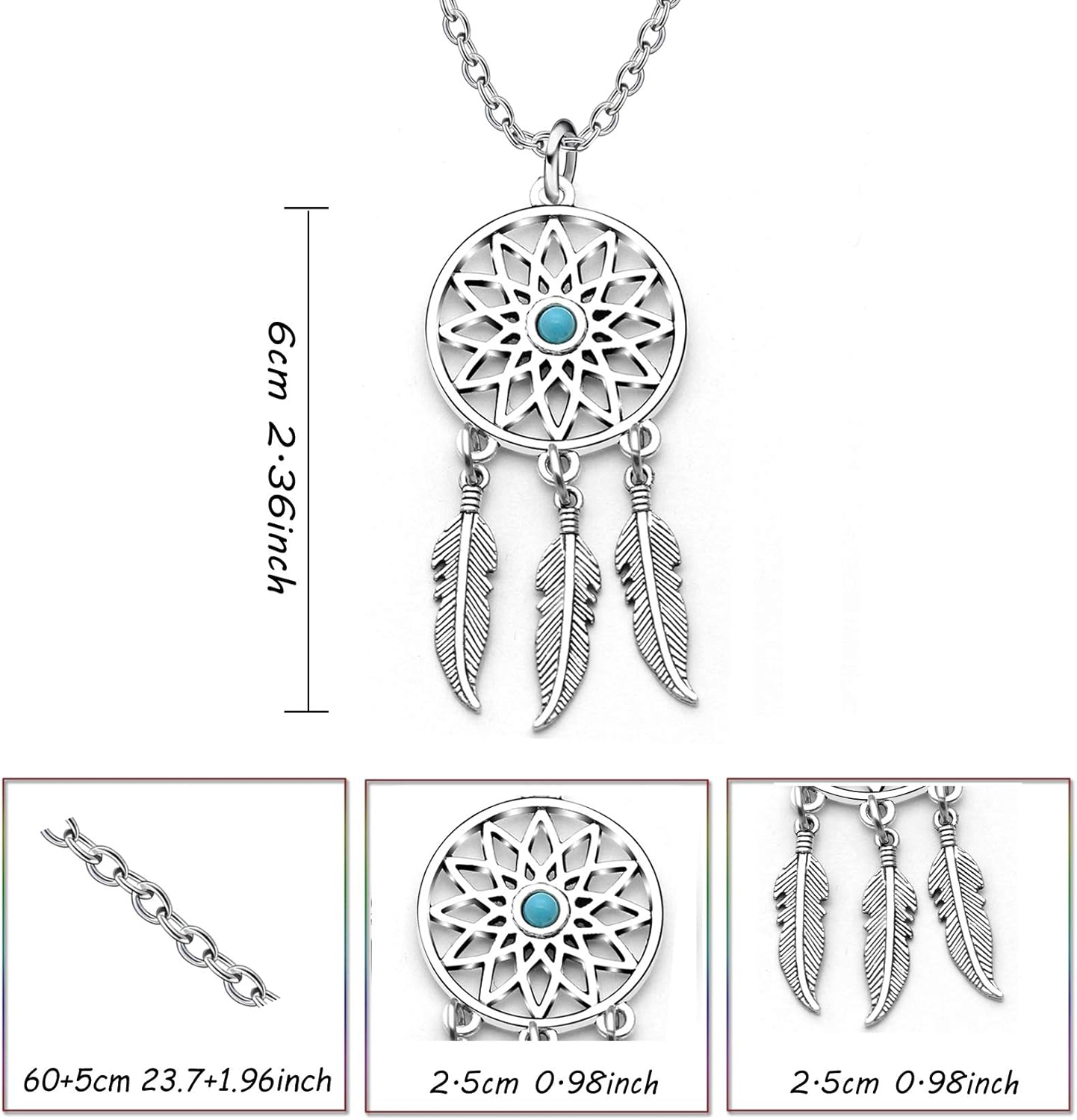 lauhonmin 3pcs Women Retro Silver Turquoise Feather Dream Catcher Pendant Necklace Earrings Set Family Friend Gifts - Image 2