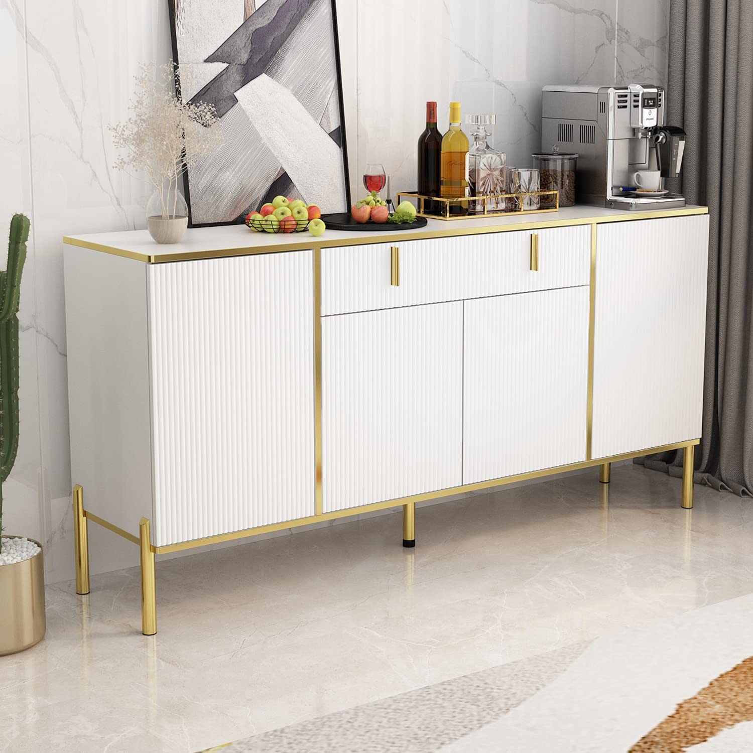 ECACAD Modern Sideboard Buffet Storage Cabinet with Ripple Doors, Drawer & 6 Storage Compartments, Kitchen Cupboard Console Cabinet with Metal Legs for Living Room, Entryway, White & Gold
