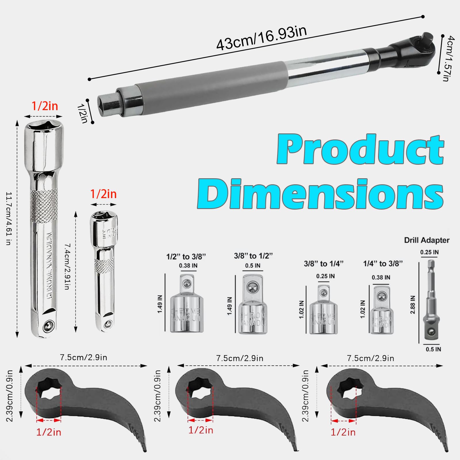 Chiave di prolunga offset da 1/2", con 5 adattatori a bussola e 2 aste di prolunga, set di attrezzi per chiavi a bussola, per auto, officina, aree ristrette