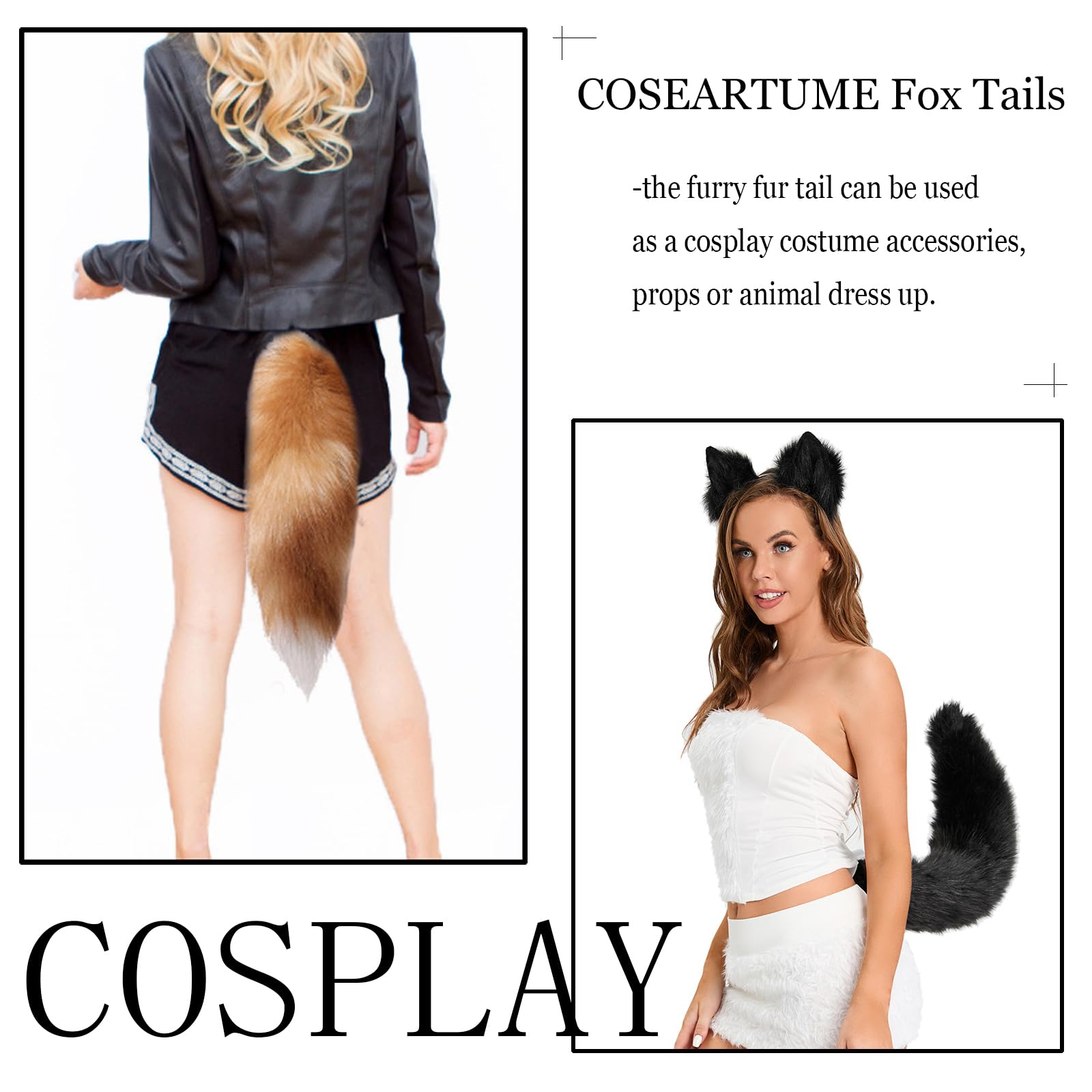 Fluffy Therian Cat Wolf Tail Real Fox Fur Keychain Cosplay Women Bag Keyring Halloween Costume for Adult: Sunny Black