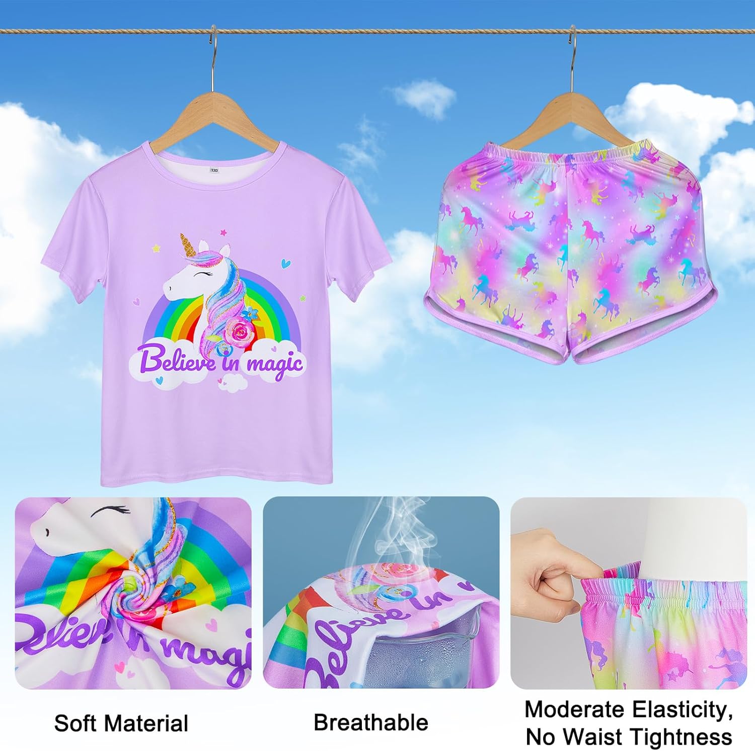 ICOSY Girls Pajamas for Kids Pajamas Toddler Girls 2 PCS Short Sleeve Top and Shorts Clothes - Image 4