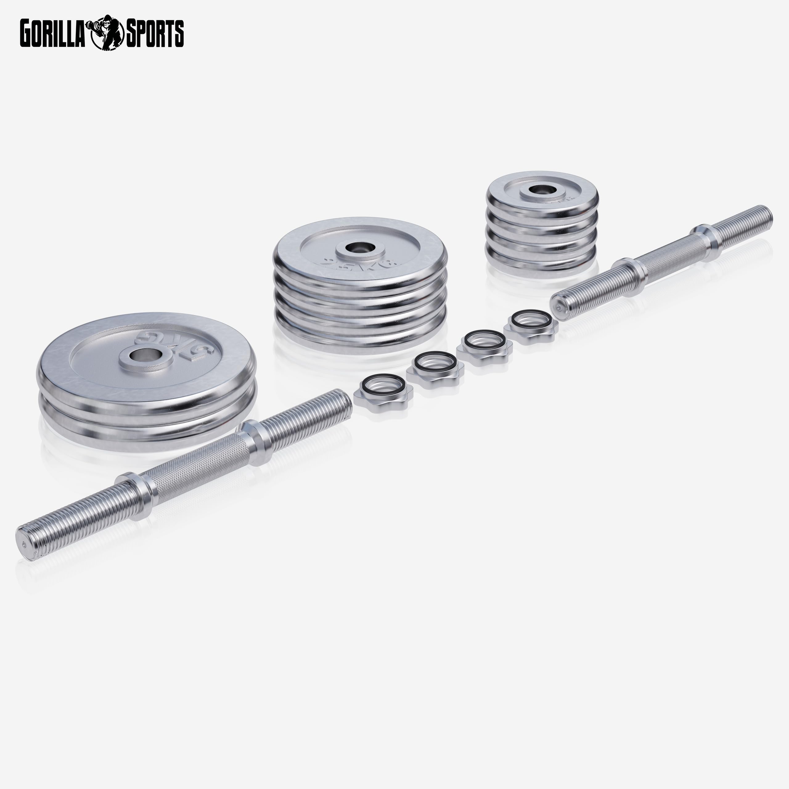 GORILLA SPORTS® Kurzhantelset 30kg, 2er Set, 30mm, Chrom, 10 Hantelscheiben | 4 x 1,25 kg, 4 x 2,5 kg und 2 x 5 kg Hantelscheiben, 4 Sternverschlüsse, Griff gerändelt und rutschfest; Kurzhanteln