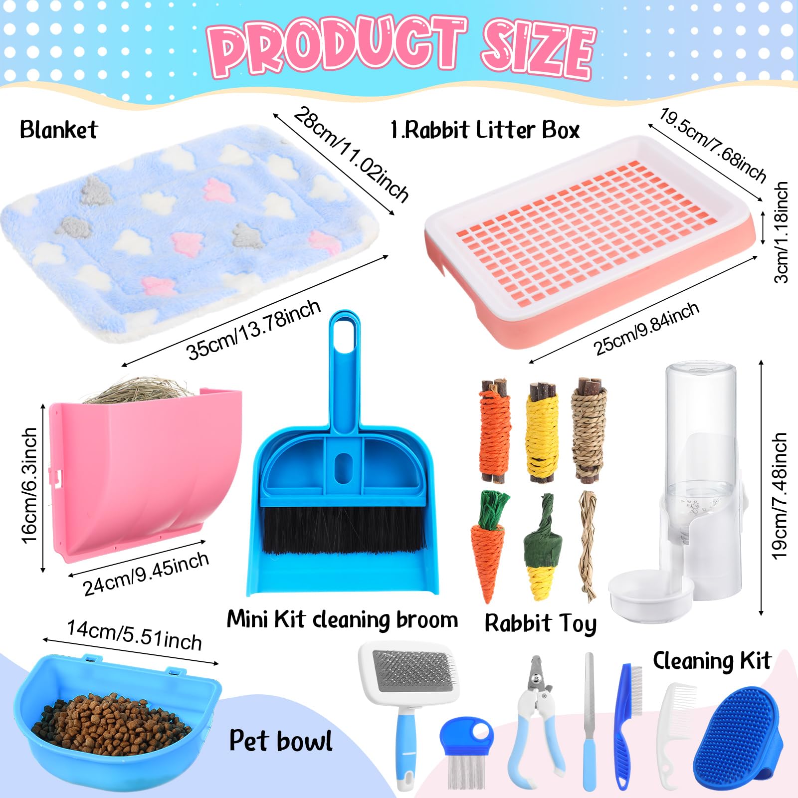 19 Pcs Rabbit Starter Kit Small Bunny Litter Box Rabbit Grooming Kit Water Bottle Bunny Toys Hay Feeder Bowl Blankets with Cleaning Set for Guinea Pig Accessories (Pink-White,Strawberry Bear) - image 2