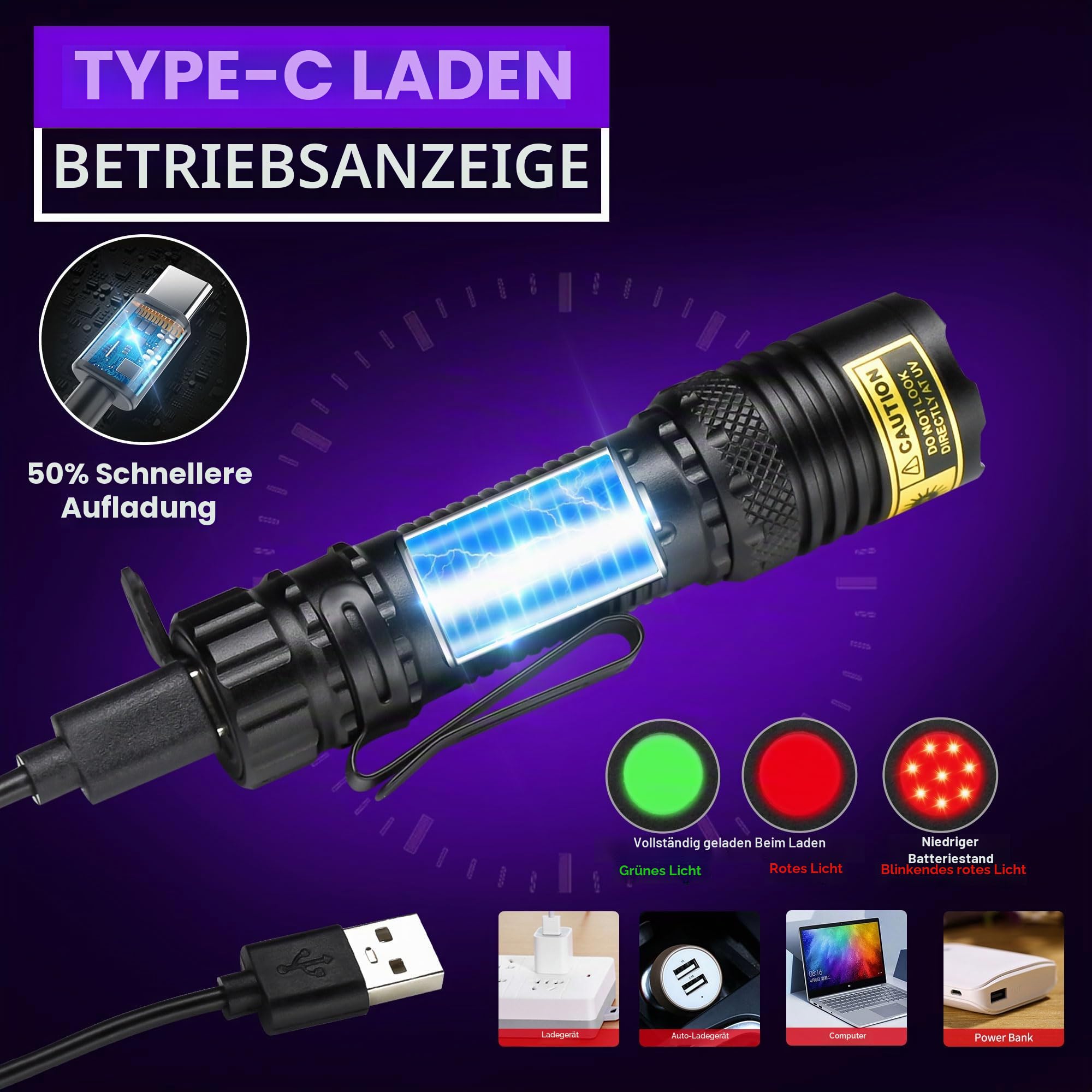 DARKDAWN UV-Taschenlampe, 365 & 395 nm, Schwarzlicht, Mini-USB, wiederaufladbar, UV-LED, Schwarzlicht, Holzlampe, leistungsstarker fluoreszierender tragbarer Detektor für Haustier-Urinflecken, Geld