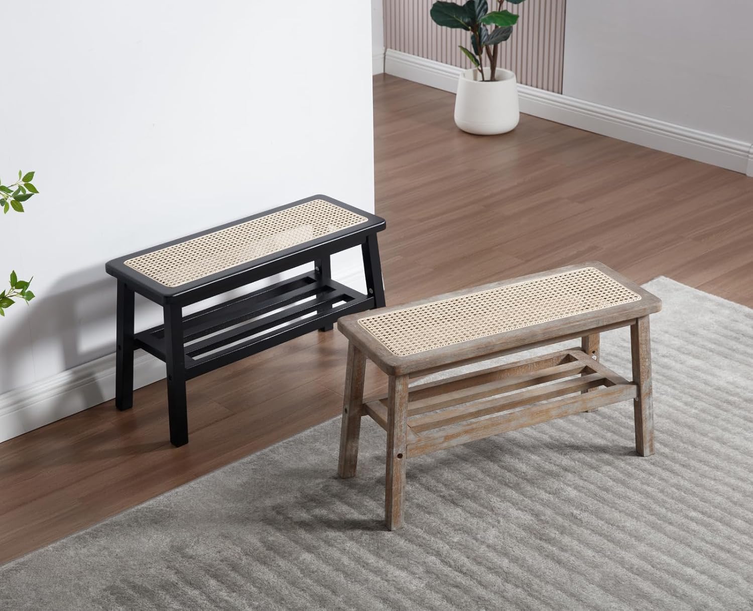 Rattan Entryway Bench with Shoe Rack Natural Wood Storage Bench Indoor Wicker 30 Inches Small Bench Farmhouse Cane Vintage Rustic Accent Bench for Living Room/Bedroom/Hallway/Porch