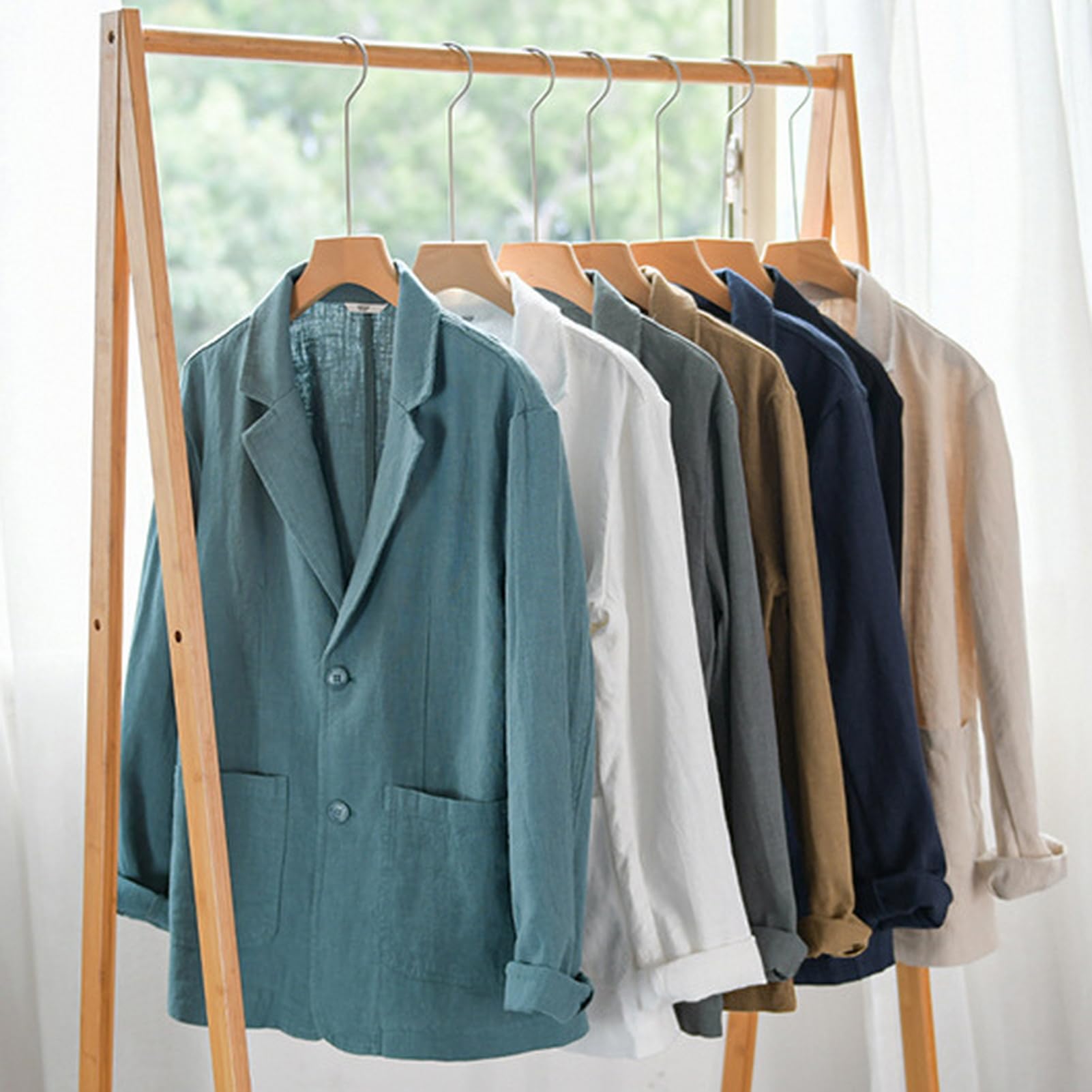 GIBZ Blazers de Lino para Primavera y Verano para Hombre Chaqueta de Traje Sencilla y Versátil con Solapa con Muescas Blazer Abrigo Deportivo de 2 Botones con Bolsillo