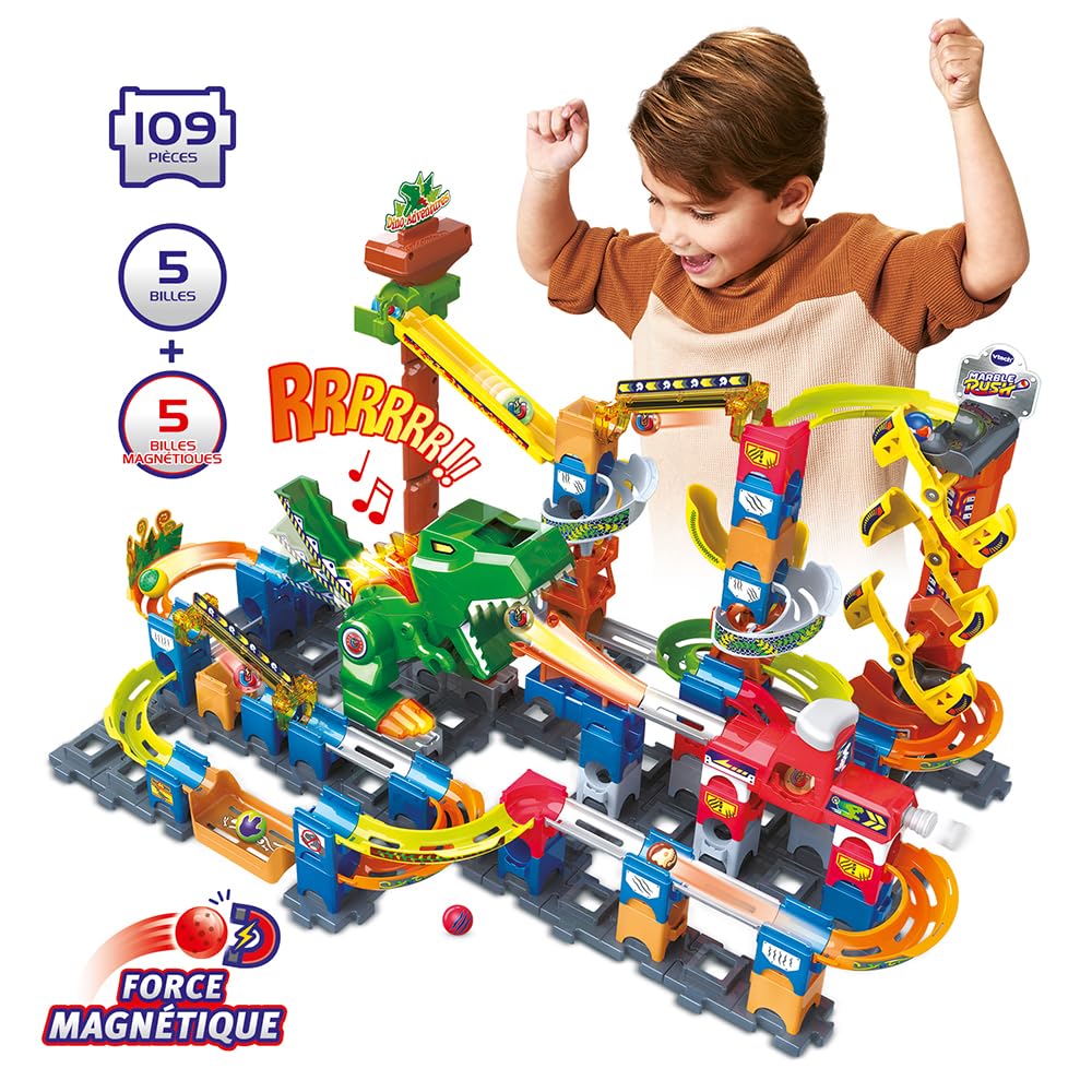 VTech – Juego de construcción magnética Dinosaurio, 100 Unidades, 10 Bolas, Regalo para niños a Partir de 4 años – Contenido en francés