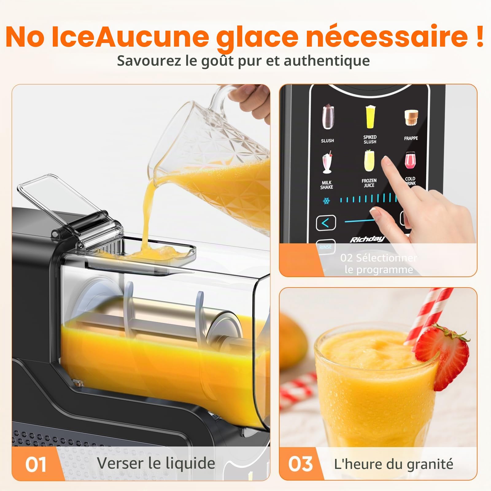 Machine à glace pilée Richday, capacité de 2L, affichage LED, technologie WhisperChill, 6 programmes, pour milkshakes, frappés, margaritas, sorbetière