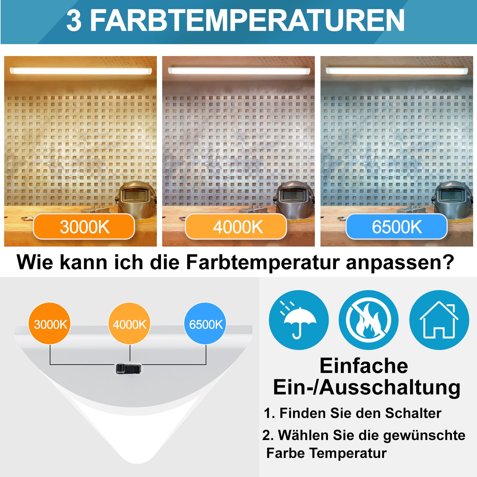 Feuchtraumleuchte LED 120CM, 36W 3960LM LED Feuchtraumlampe, 3000K/4000K/6500K Deckenleuchte Röhre, IP65 Wasserfest Lampe Lichtleiste für Werkstattlampe Kellerlampe, 2 Stücke