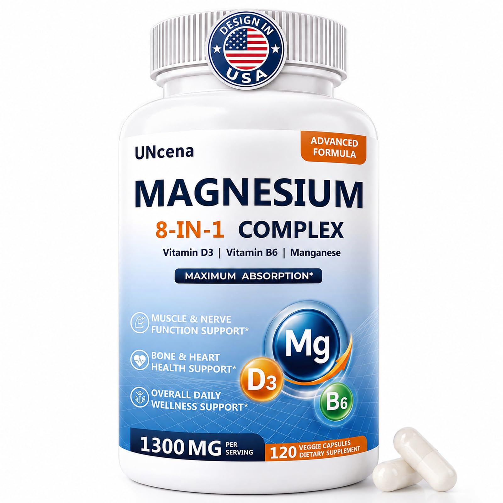 Magnesium Complex for Women & Men 1300mg - VIT. B6 & D3, 120 Caps 120 Count (Pack of 1)