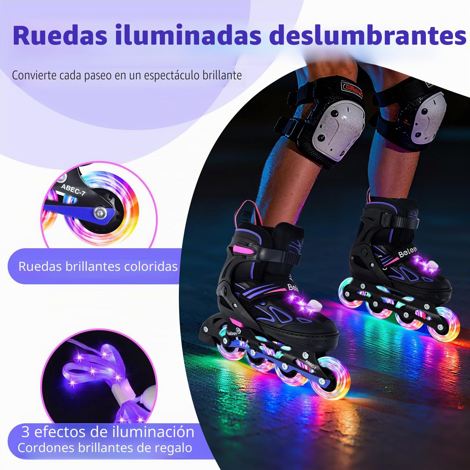 BELEEV Patines en Línea para Niños con Cordones y Ruedas Luminosas LED, Austables Patines Ideal para Niña Niño Principiantes Hombres Mujeres, Interiore Exteriores, Regalos cumpleaños Navidad