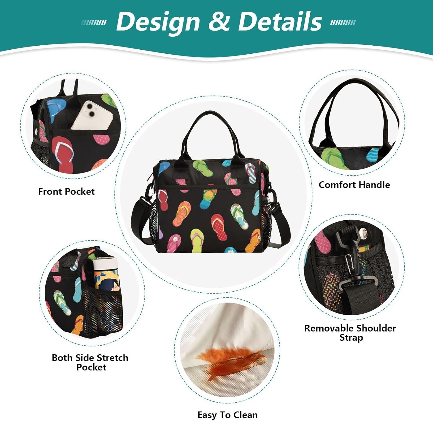 Colorful Flip Flops Lunch Bag Reusable Lunch Box for Office Picnic Hiking Beach, Insulated Cooler Tote Food Container with Adjustable Shoulder Strap for Men Women Adults