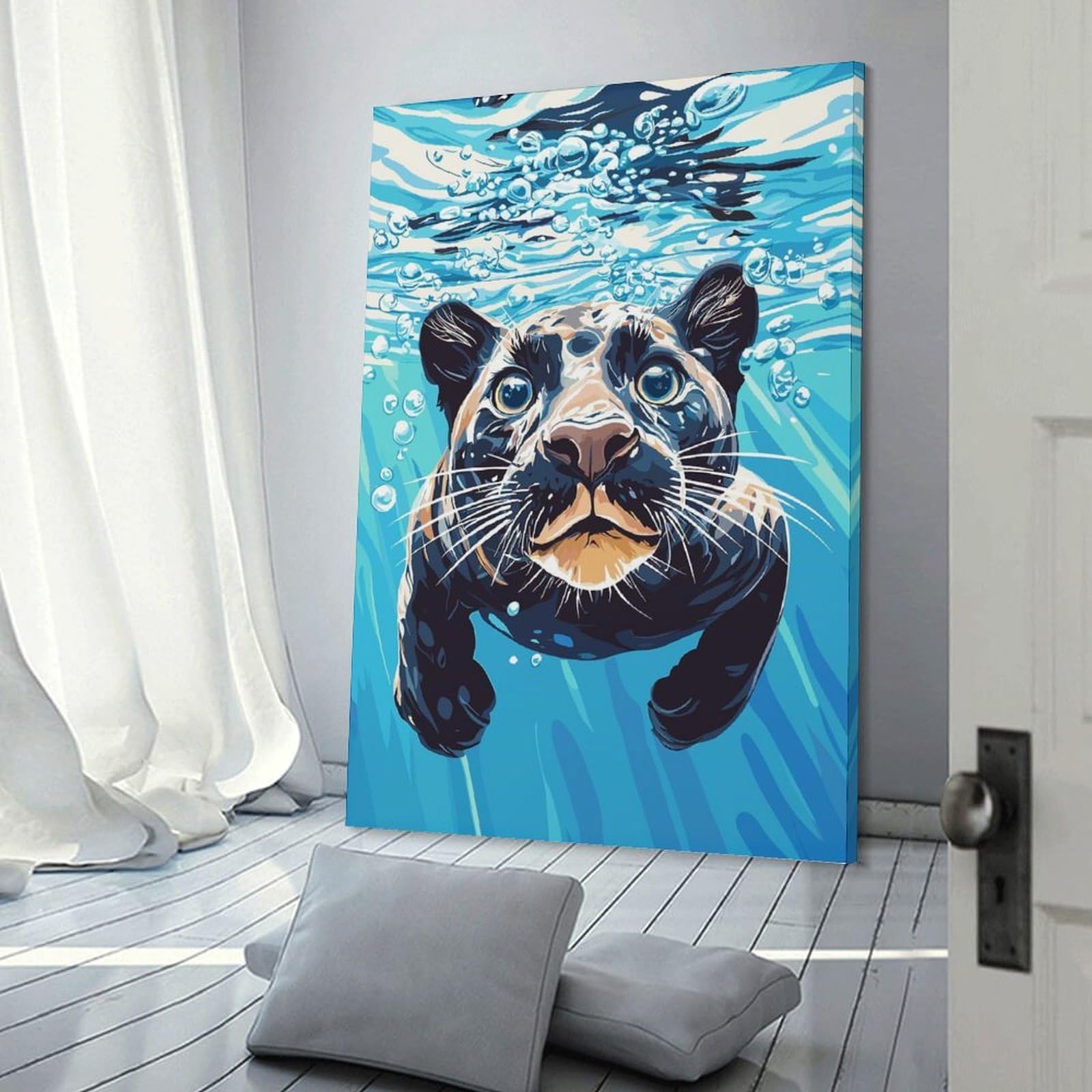 Junmoney Frame-Style-5 Black Panther Swimming Underwater Canvas Wall Decor, 24X36inch(60X90cm), For Flats, Guest Rooms Or Compact Rooms, Decorative Canvas Decor For Home Updates