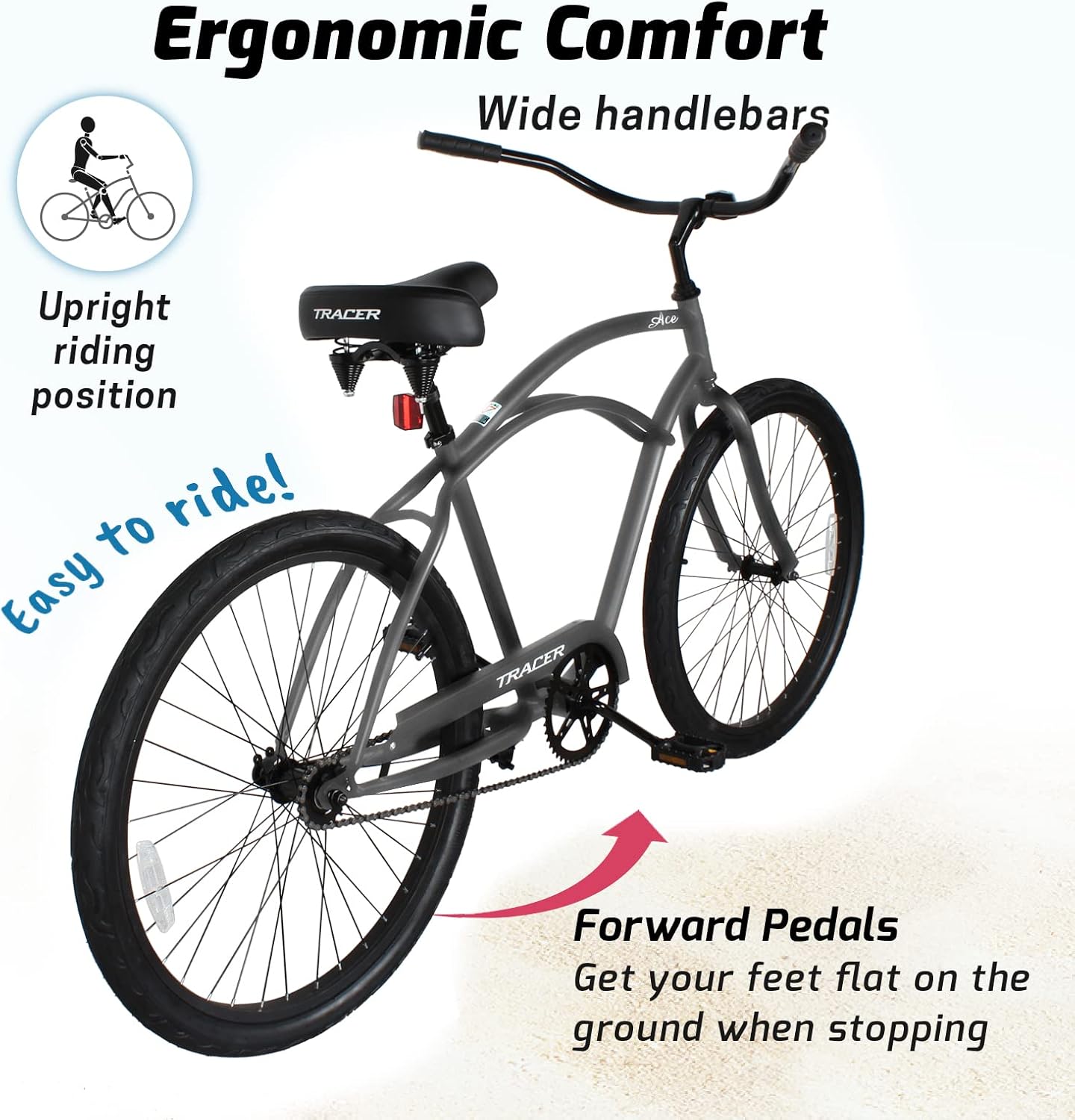 Tracer ACE 26in Single Speed Beach Cruiser Bike with Coaster Brake for Mens and Womens -Multiple Colors