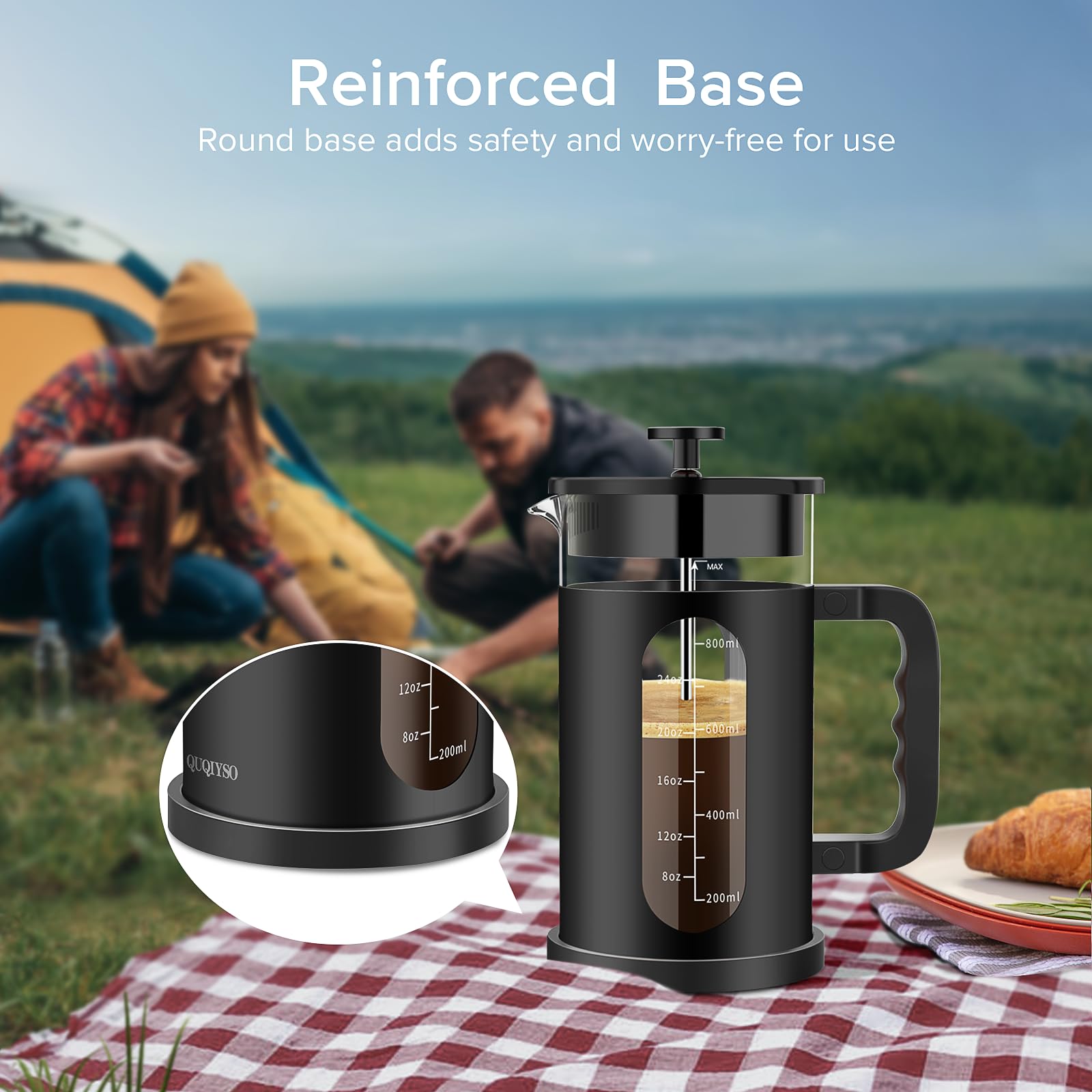 QUQIYSO Cafetera de prensa francesa, prensa francesa de acero inoxidable 304 con 4 filtros, vidrio de borosilicato resistente al calor, fácil de limpiar, sin BPA, cafetera sin óxido, 34 onzas, color