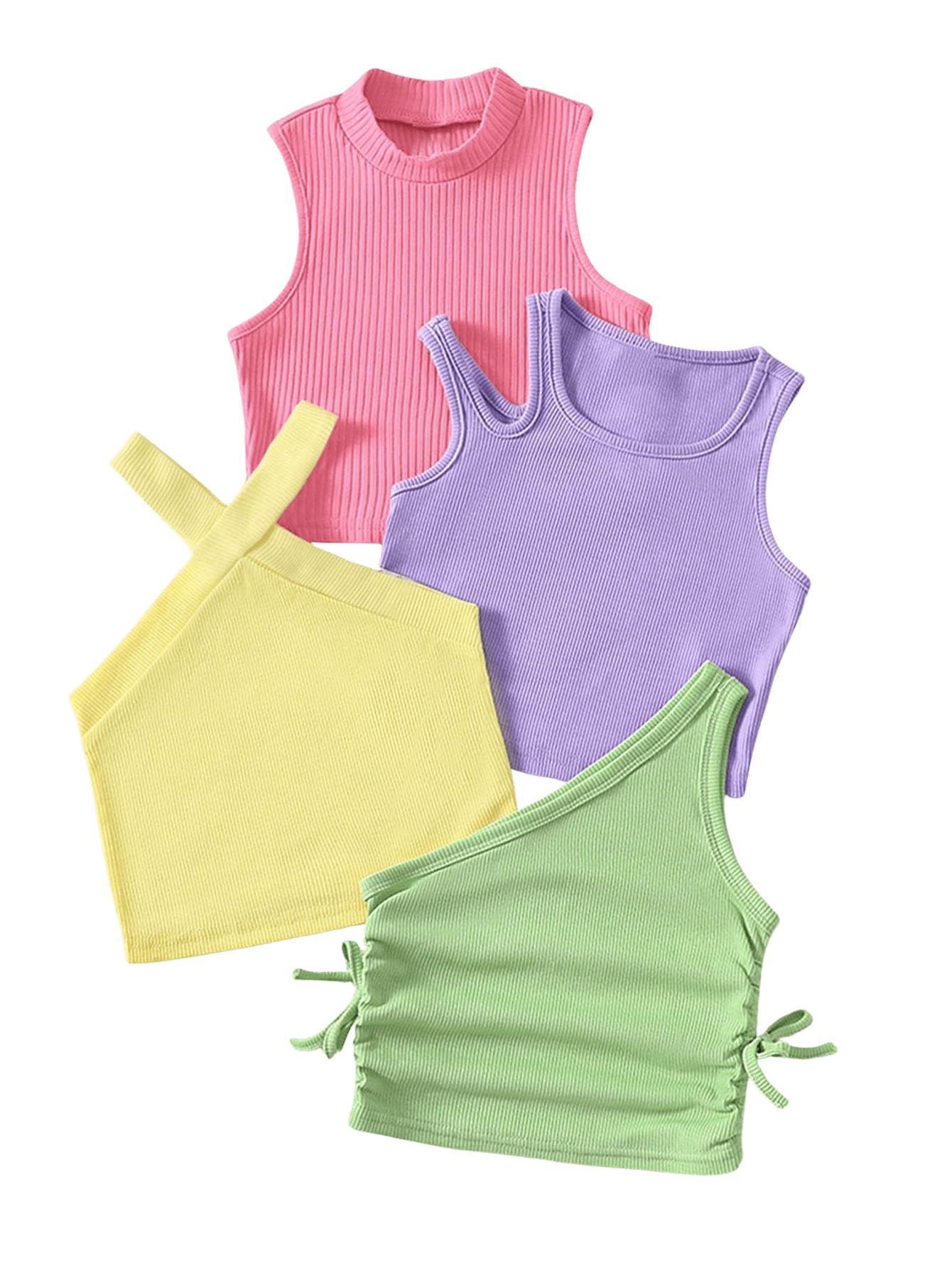 OYOANGLE Toddler Girl's 4 Pack Ribbed Knit Crop Tank Tops Summer Camisole | One Shoulder, Crewneck, Cut Out, Sleeveless, Cute, Summer Casual, Crop Tops for Kids