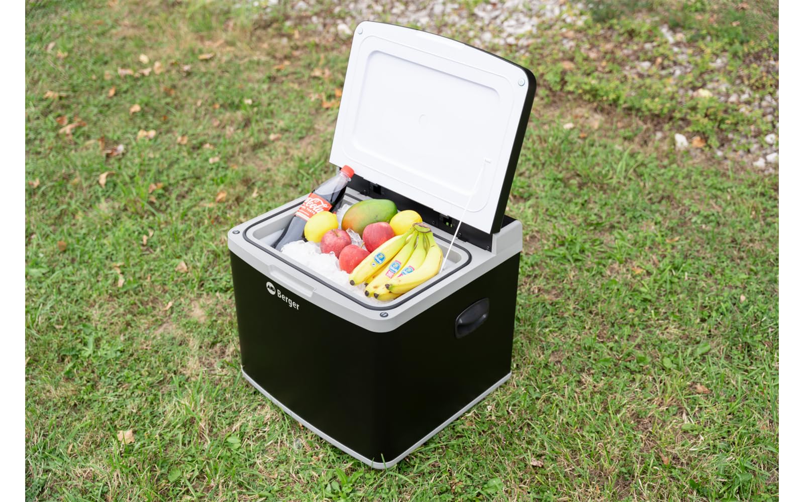 BERGER Kompressor Kühlbox 42 Liter mit 230V & 12V | Hybrid Kühlbox Auto elektrisch | Perfekt für Camping, Picknick & Outdoor | Effiziente Kühlung für unterwegs | Schwarz-Grau
