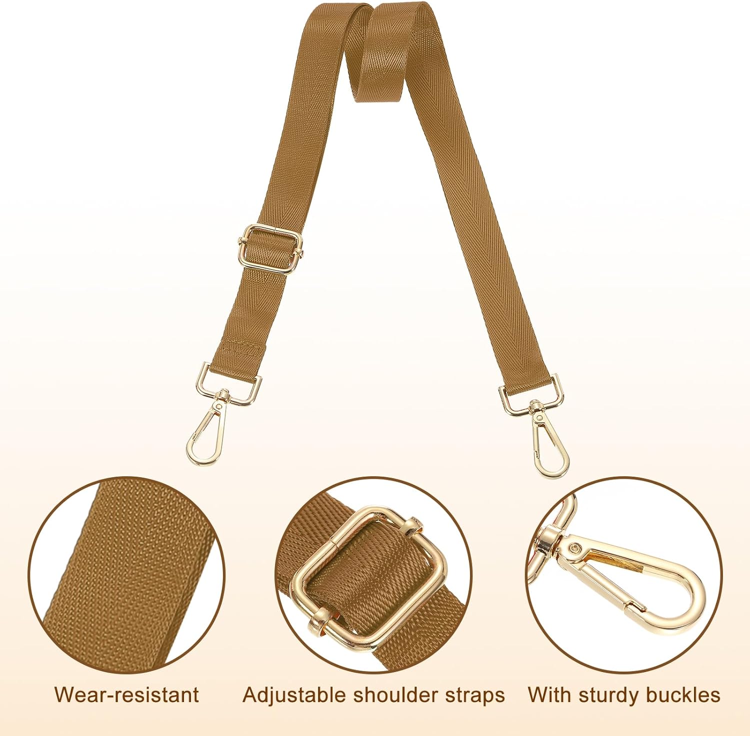 uxcell Wide Shoulder Strap, 2.5cm Adjustable Purse Strap Replacement Crossbody Strap for Shoulder Bag Handbag, Light Brown, Light Gold Pull Core Buckle - Image 3