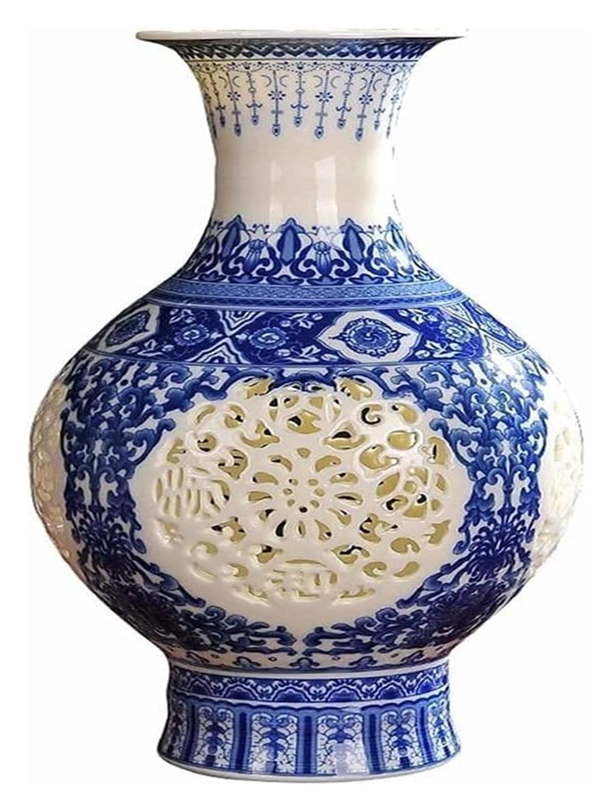 Vase Desktop Ceramic Porcelain Classic Antique Carved Lattice Flower Matte Temple Jar Ginger Floral Home Decorative