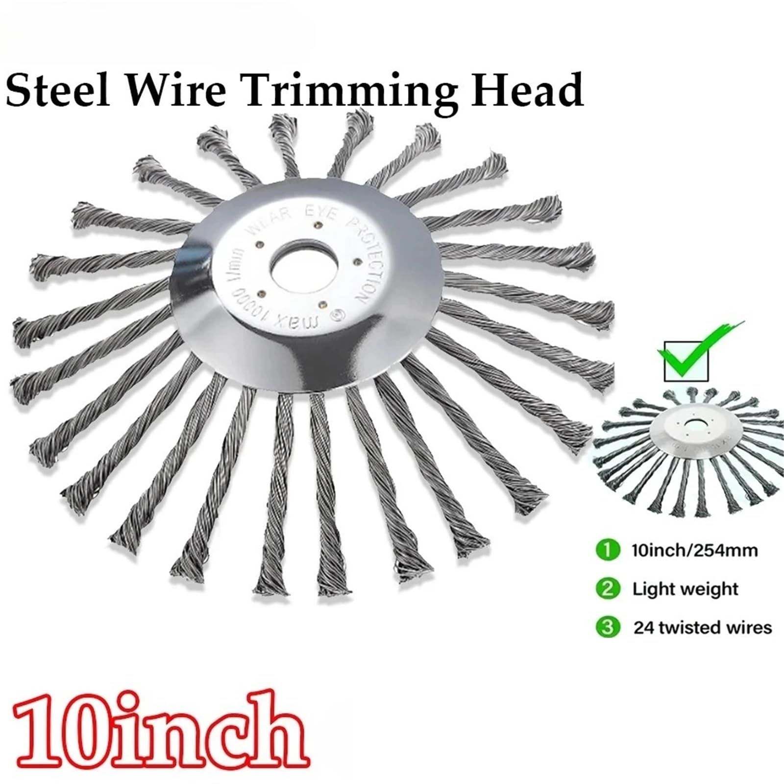 Cabezal de cepillo for desmalezar de alambre de acero de 10 pulgadas | Herramienta universal for eliminar óxido compatible con desbrozadoras y cortacéspedes.