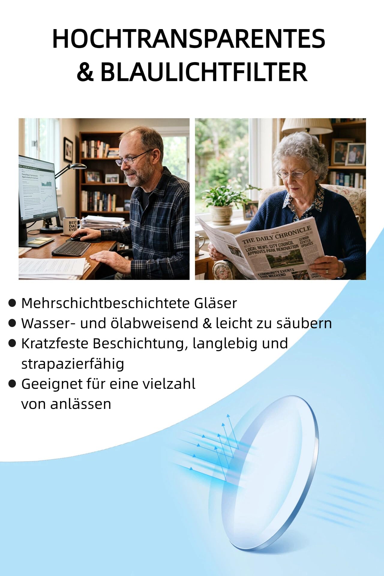 Runde Lesebrille Titanfassung, Blaulichtfilter Lesebrillen für Damen & Herren