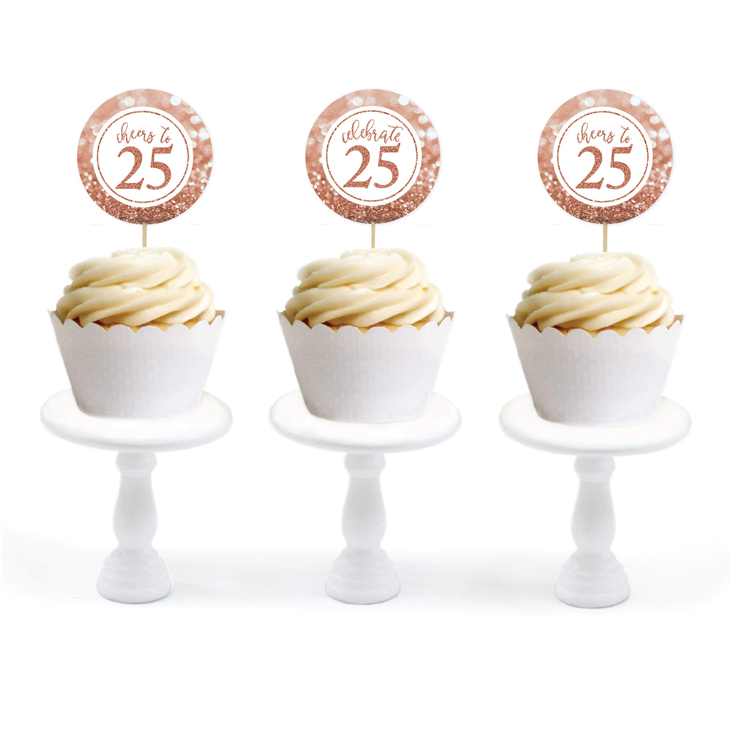 Andaz Press Glitzy Faux Rose Gold Glitter Round DIY Cupcake Toppers, Cheers to 25 Years, 25th Birthday or Anniversary, 20-Pack, Cake Dessert Party Decor
