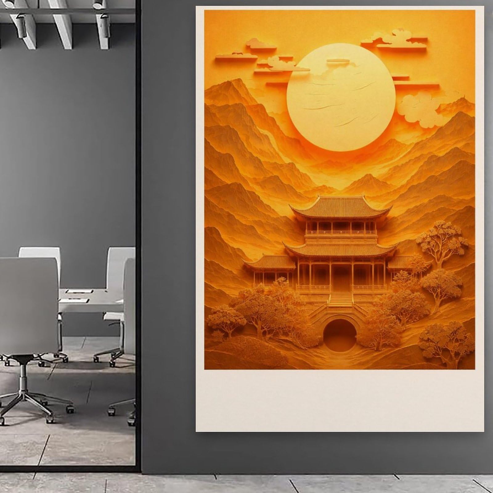 Póster de paisaje de arquitectura de Asia oriental de sol dorado, arte impreso en lienzo, imágenes rústicas impresionantes, decoración de pared, decoración de pared para oficina, apartamento, arte de