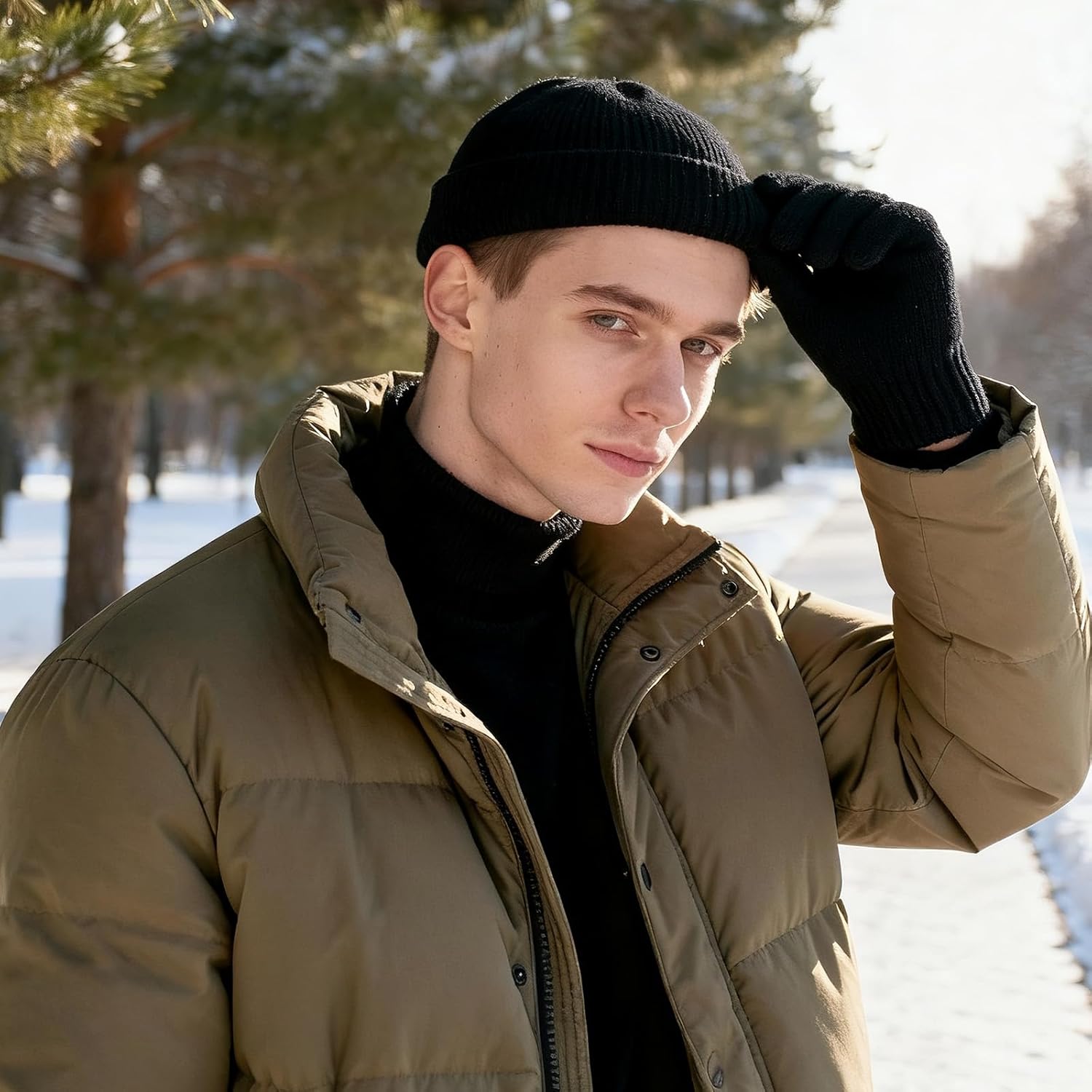 Winter Knit Beanie Hat and Gloves Set for Men Women, Soft Warm Skull Cap Stretchy Gloves Set for Cold Weather - Image 2