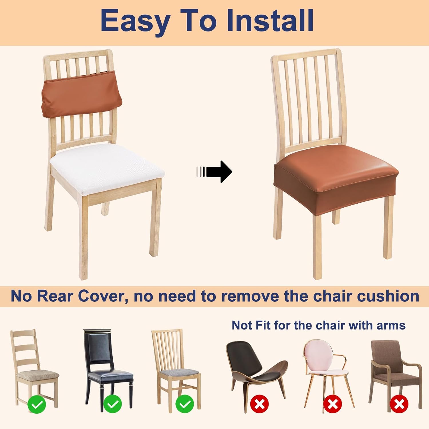 Smiry Waterproof Seat Covers for Dining Room Chairs Set of 2, Stretch Removable Washable Chair Seat Slipcovers Protector, No Rear Covers, Rust