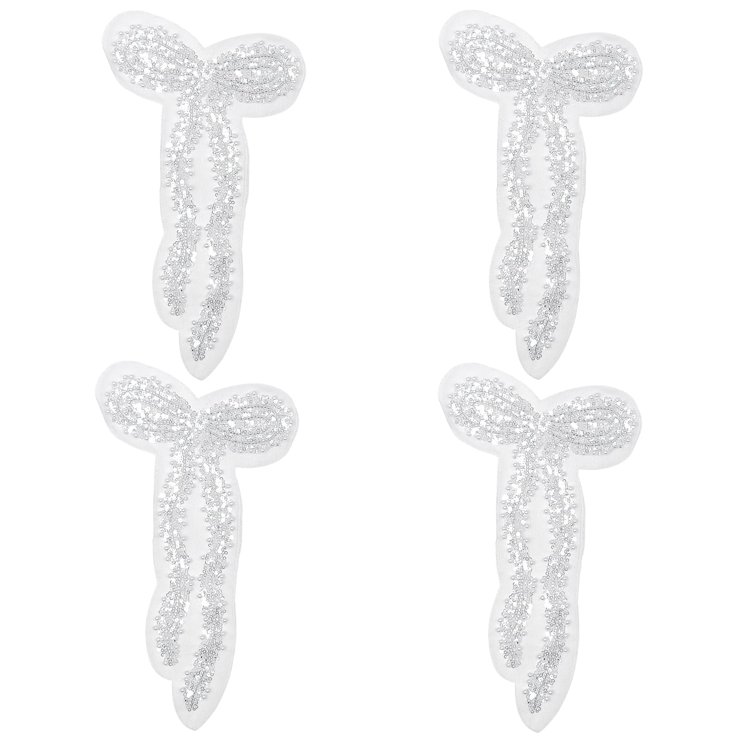 WANYI 4 pcs Bow Tie Embroidery Sew on Patches，Lace Applique Patches Butterfly Decorative Fabric Patches Sequin Beaded Embroidered Lace Appliques for Sewing Clothing Dress Shoes Decor (Long Bows)