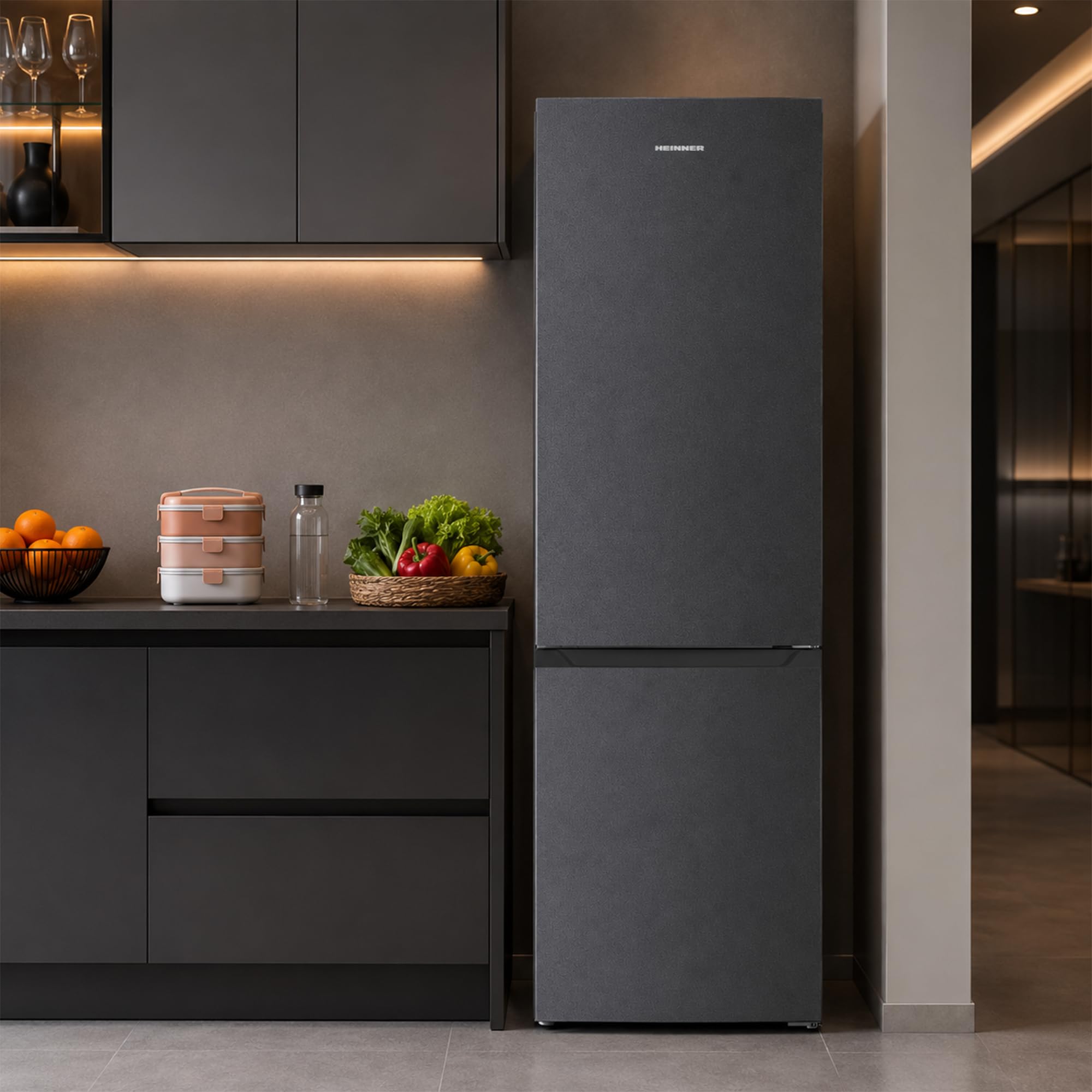 Schmale Kühl-Gefrierkombination 58 cm Breit 253L Freistehend, Inverter-Kompressor, No Frost, Leise, Energieklasse E, LED-Innenbeleuchtung, Klimaklasse SN-T, Dunkelgrau, 177 cm Hoch